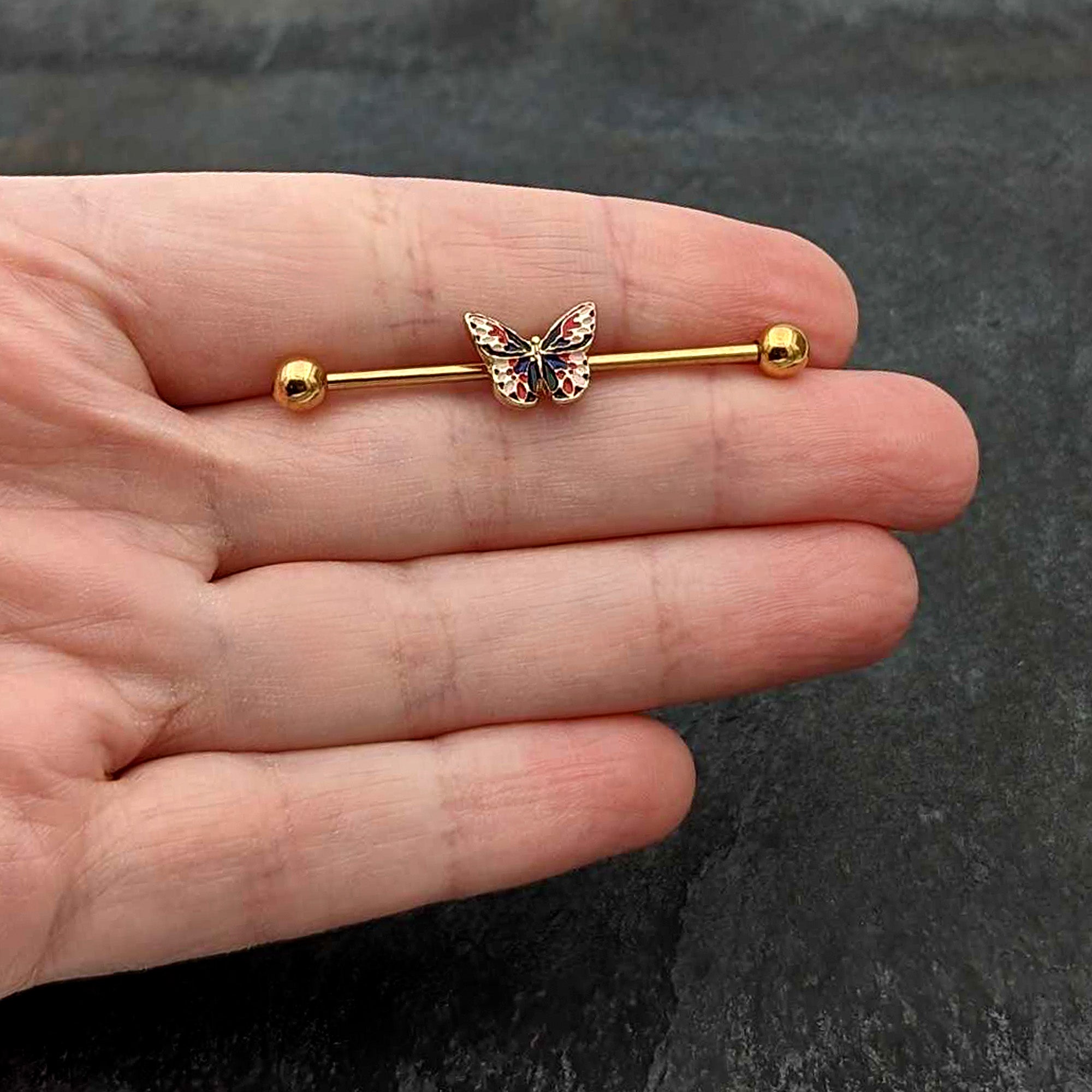 14G Gold Tone Red Blue Pink Butterfly Industrial Barbell 38mm