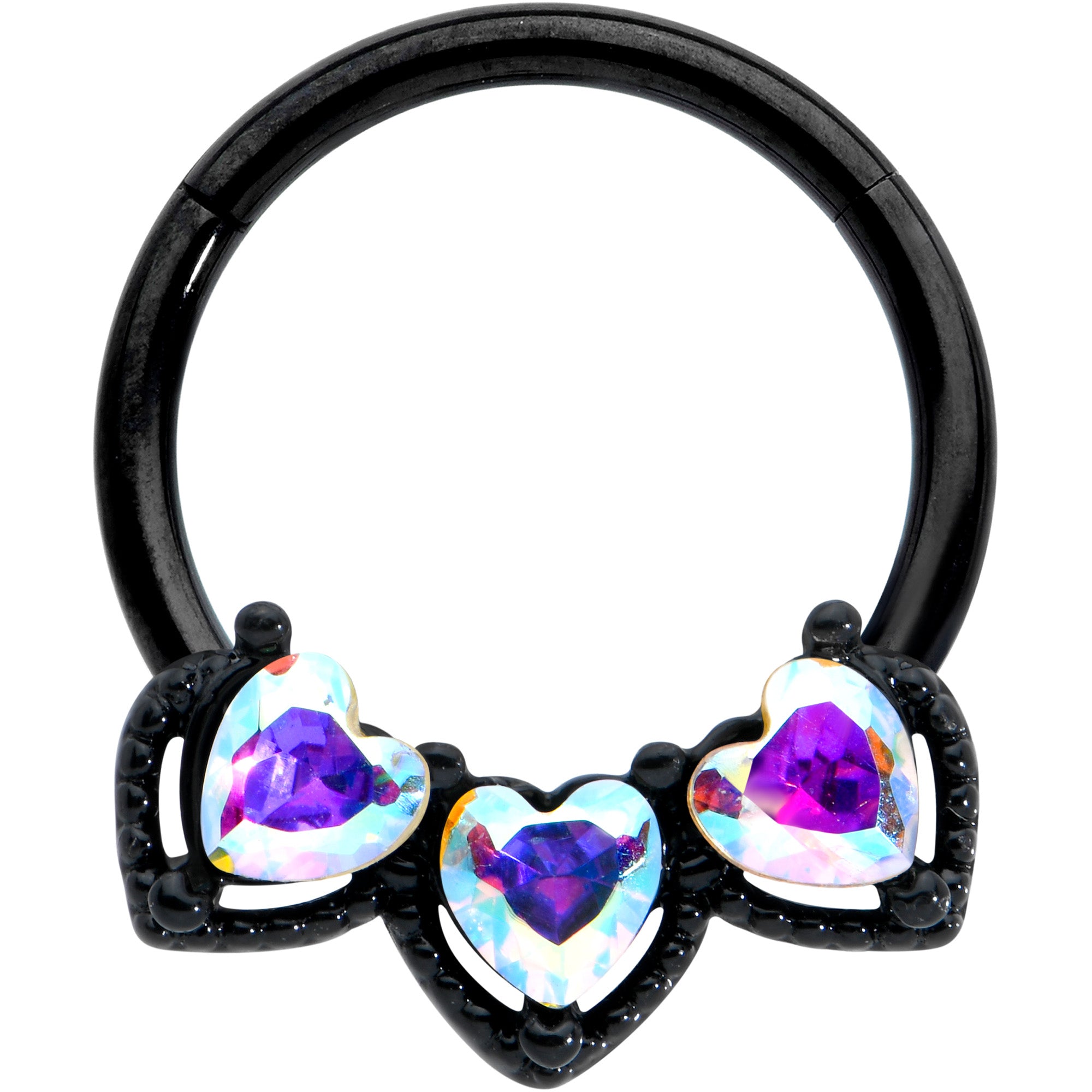 16G 3/8 Aurora Gem Black Rococo Trio Heart Hinged Segment Ring