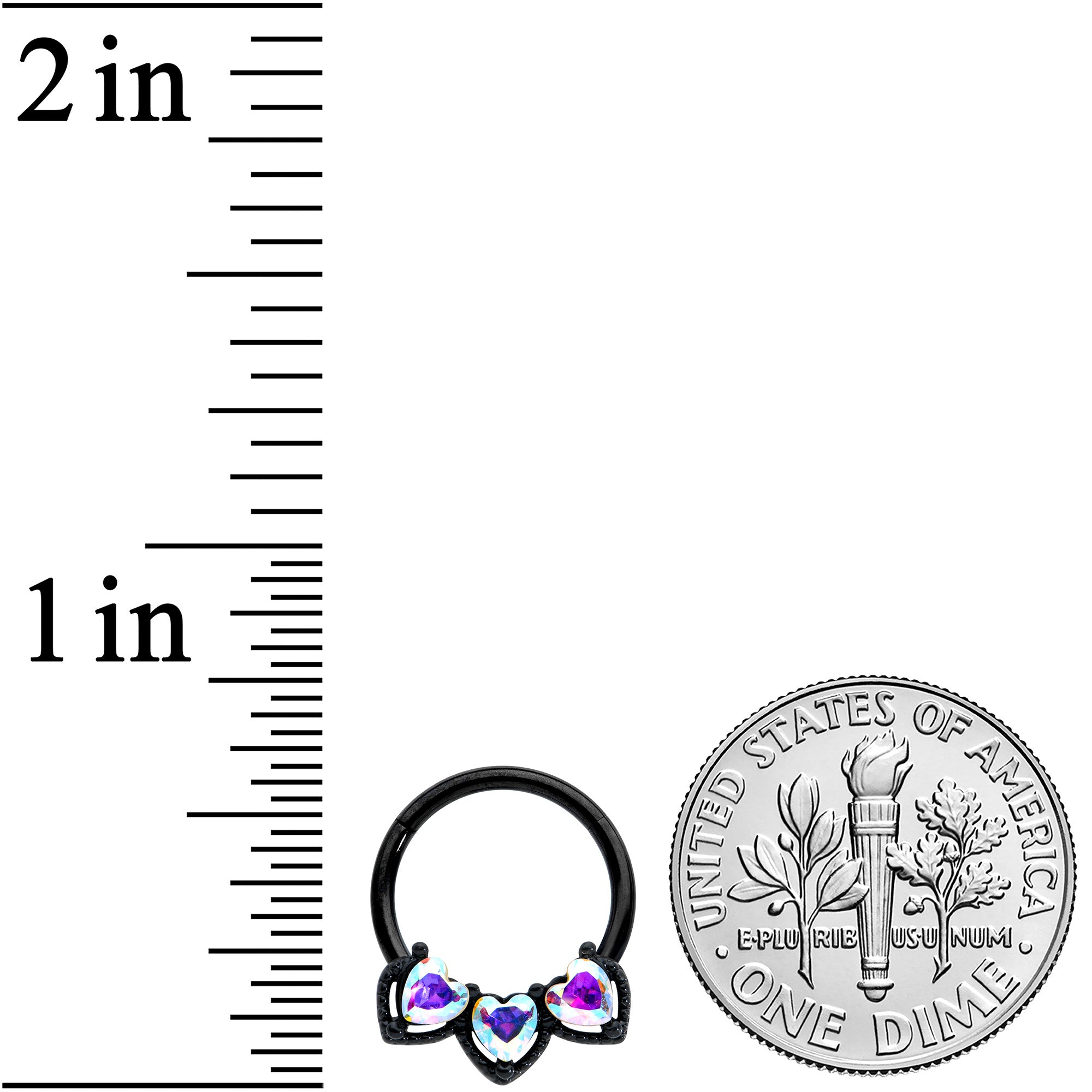 16G 3/8 Aurora Gem Black Rococo Trio Heart Hinged Segment Ring