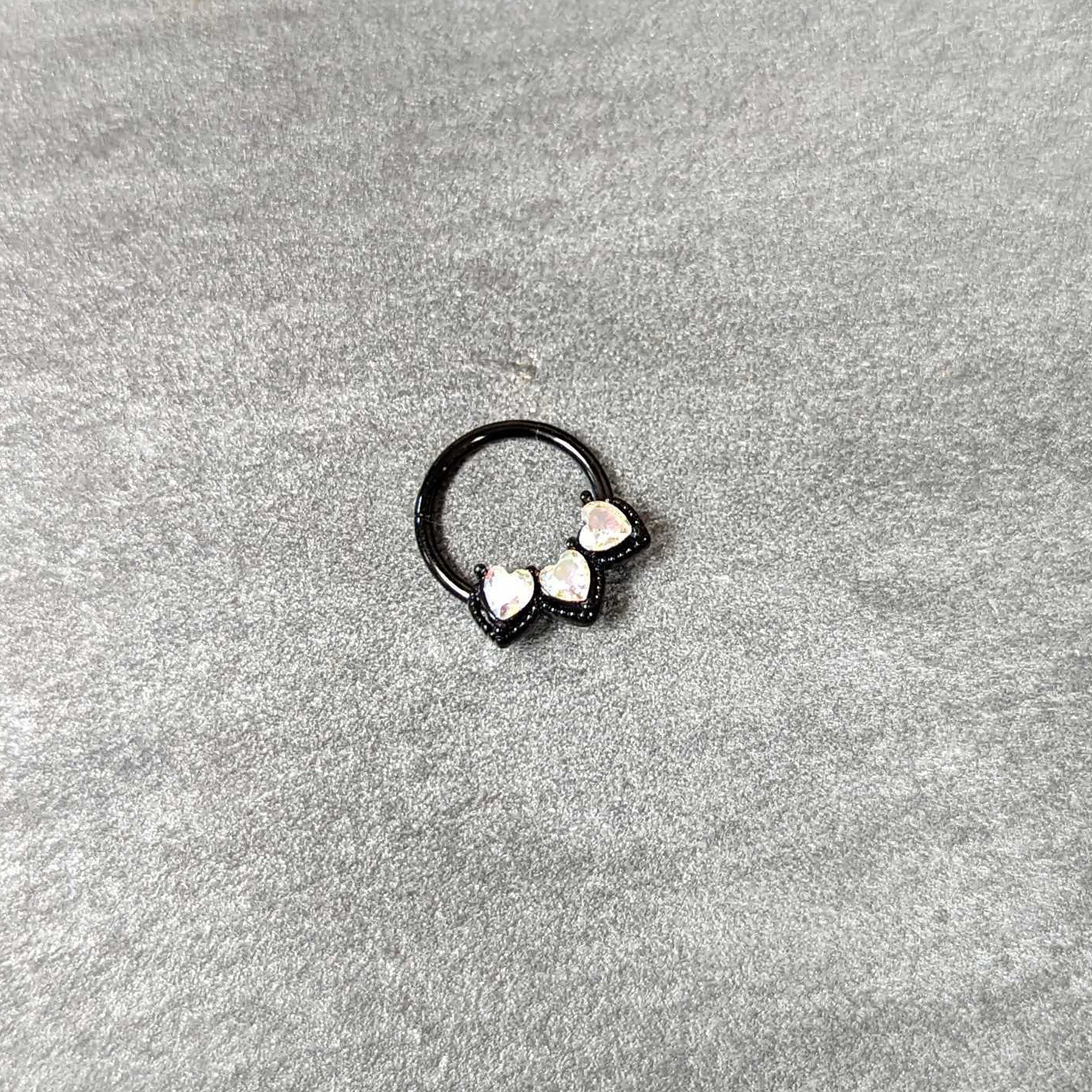 16G 3/8 Aurora Gem Black Rococo Trio Heart Hinged Segment Ring