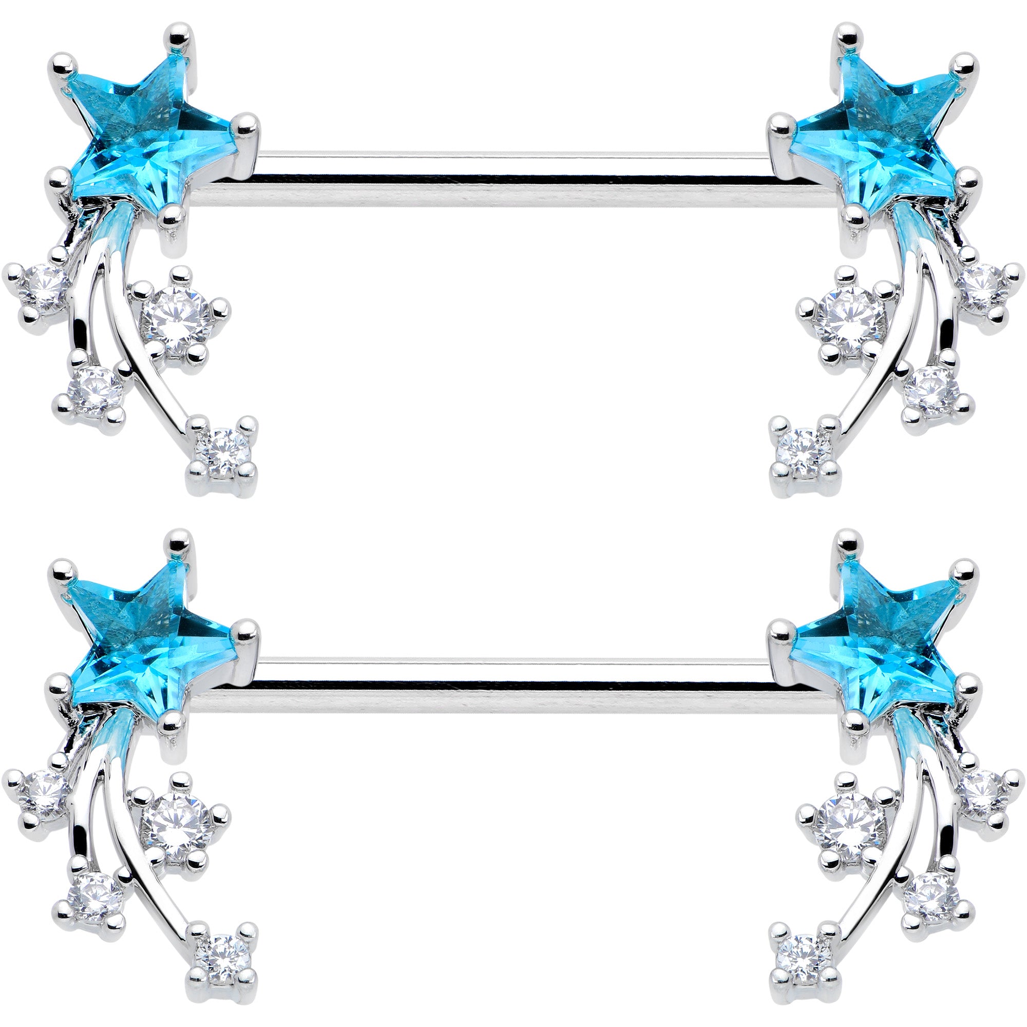14G 9/16 Blue Clear CZ Gem Shooting Star Barbell Nipple Ring Set