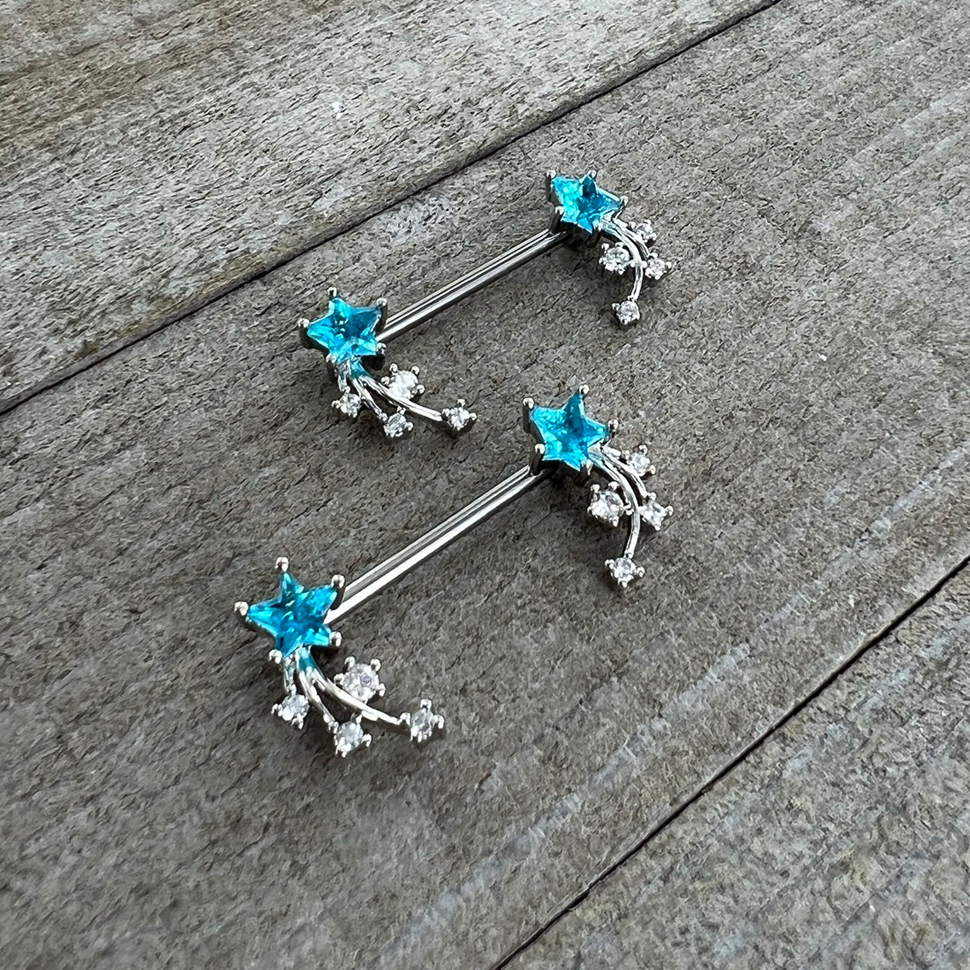 14G 9/16 Blue Clear CZ Gem Shooting Star Barbell Nipple Ring Set