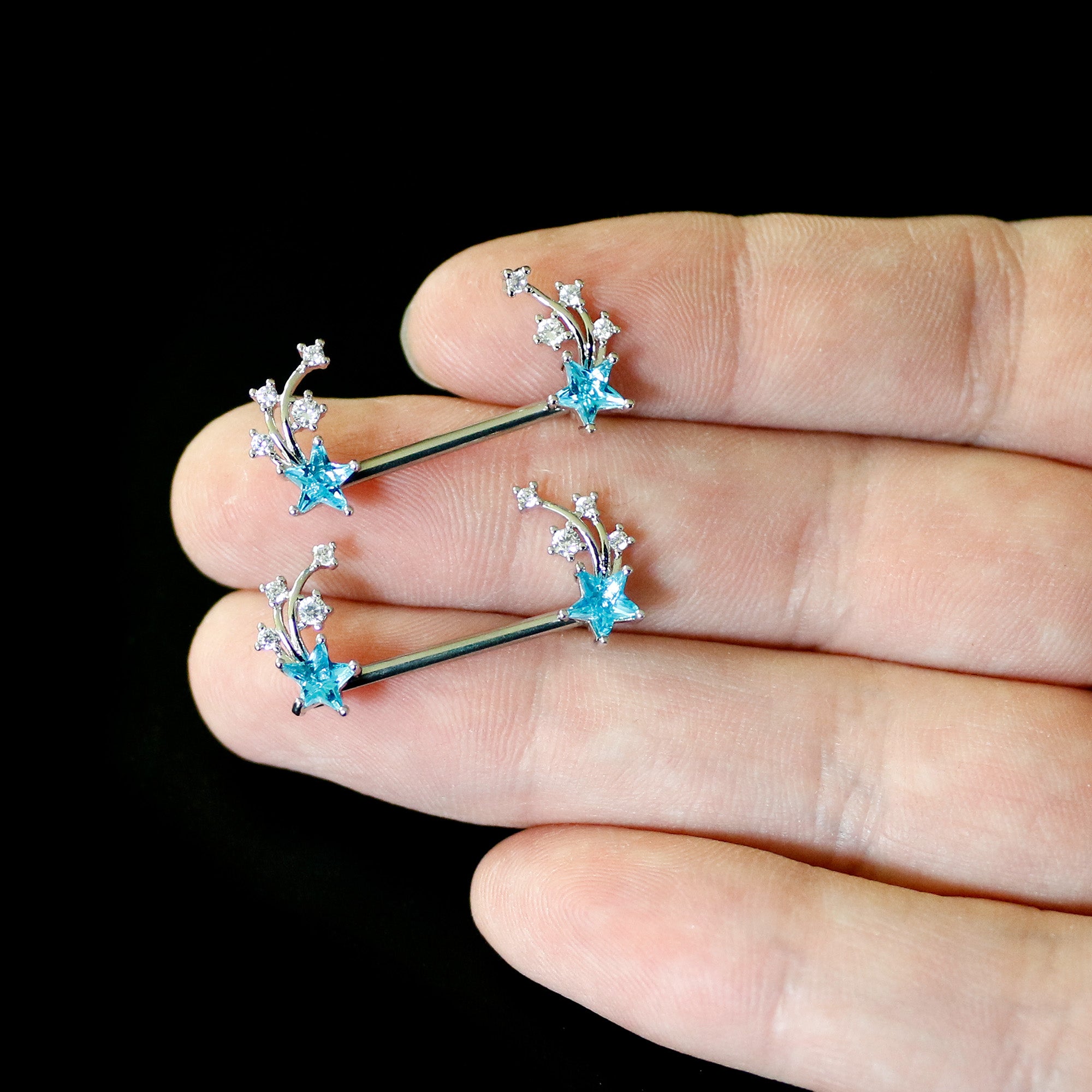 14G 9/16 Blue Clear CZ Gem Shooting Star Barbell Nipple Ring Set