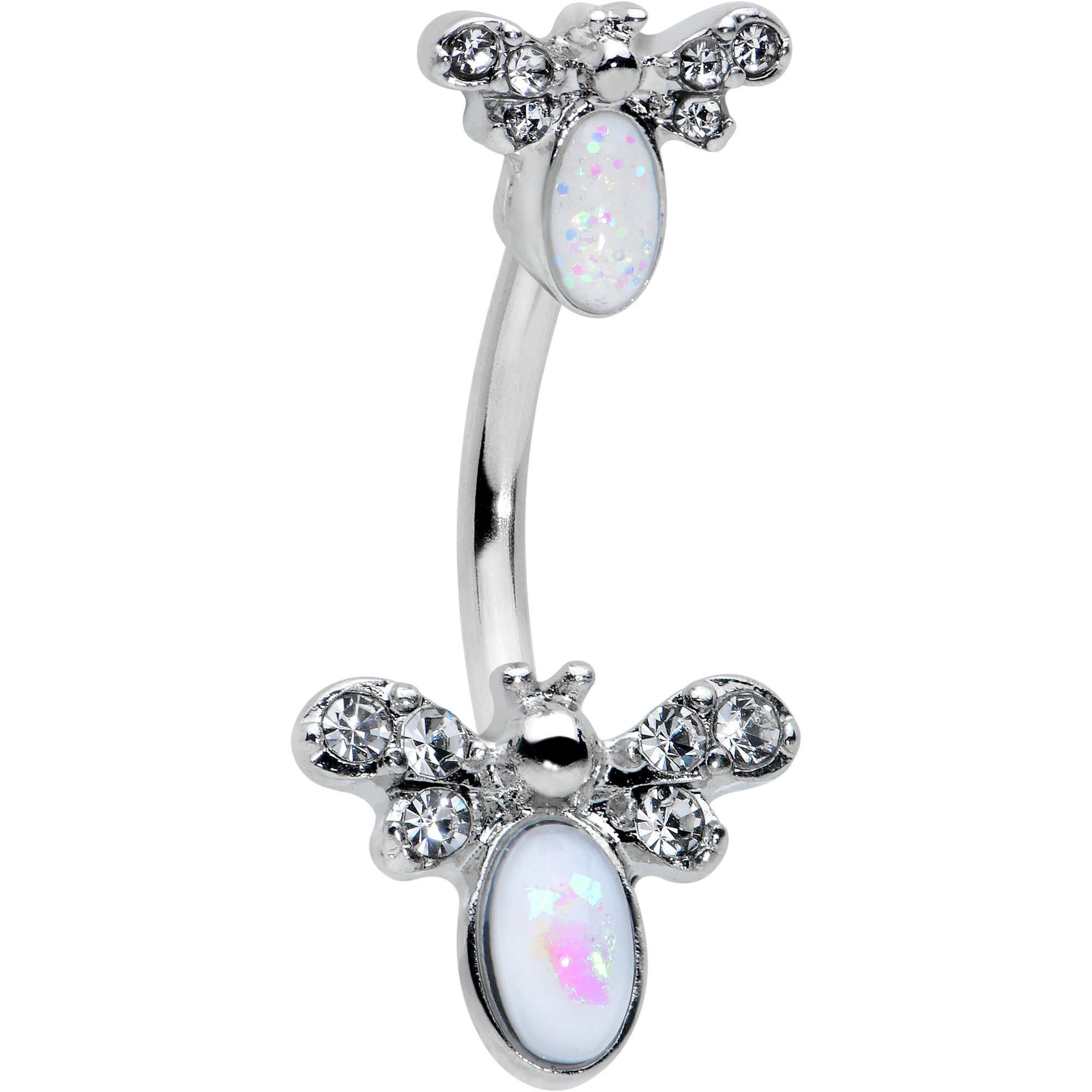 White Faux Opal Clear Gem Double Butterfly Double Mount Belly Ring