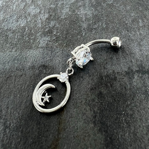 Clear Gem Star Crescent Moon Glamour Circle Dangle Belly Ring