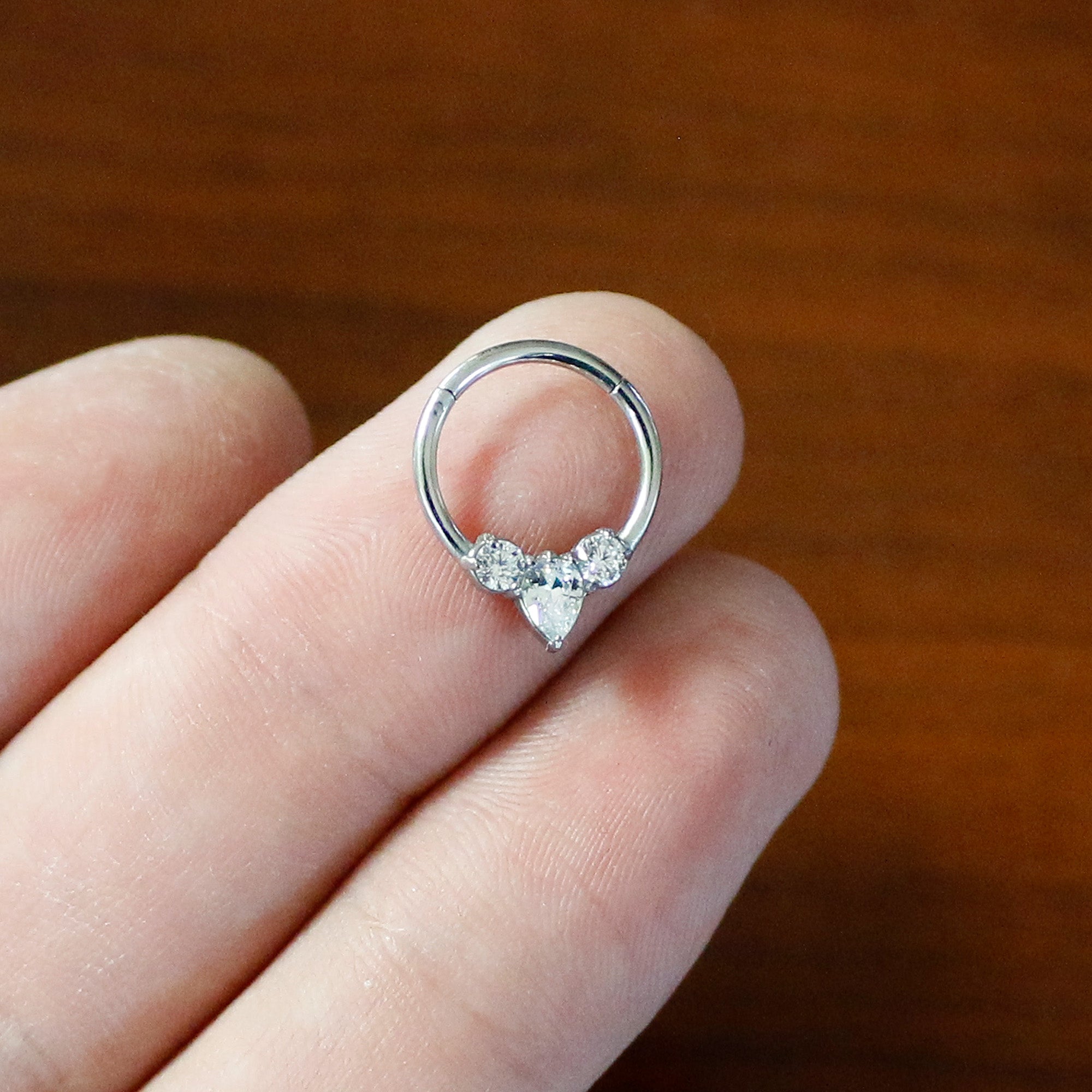 16G 3/8 Clear CZ Gem Triple Elegance Hinged Segment Ring