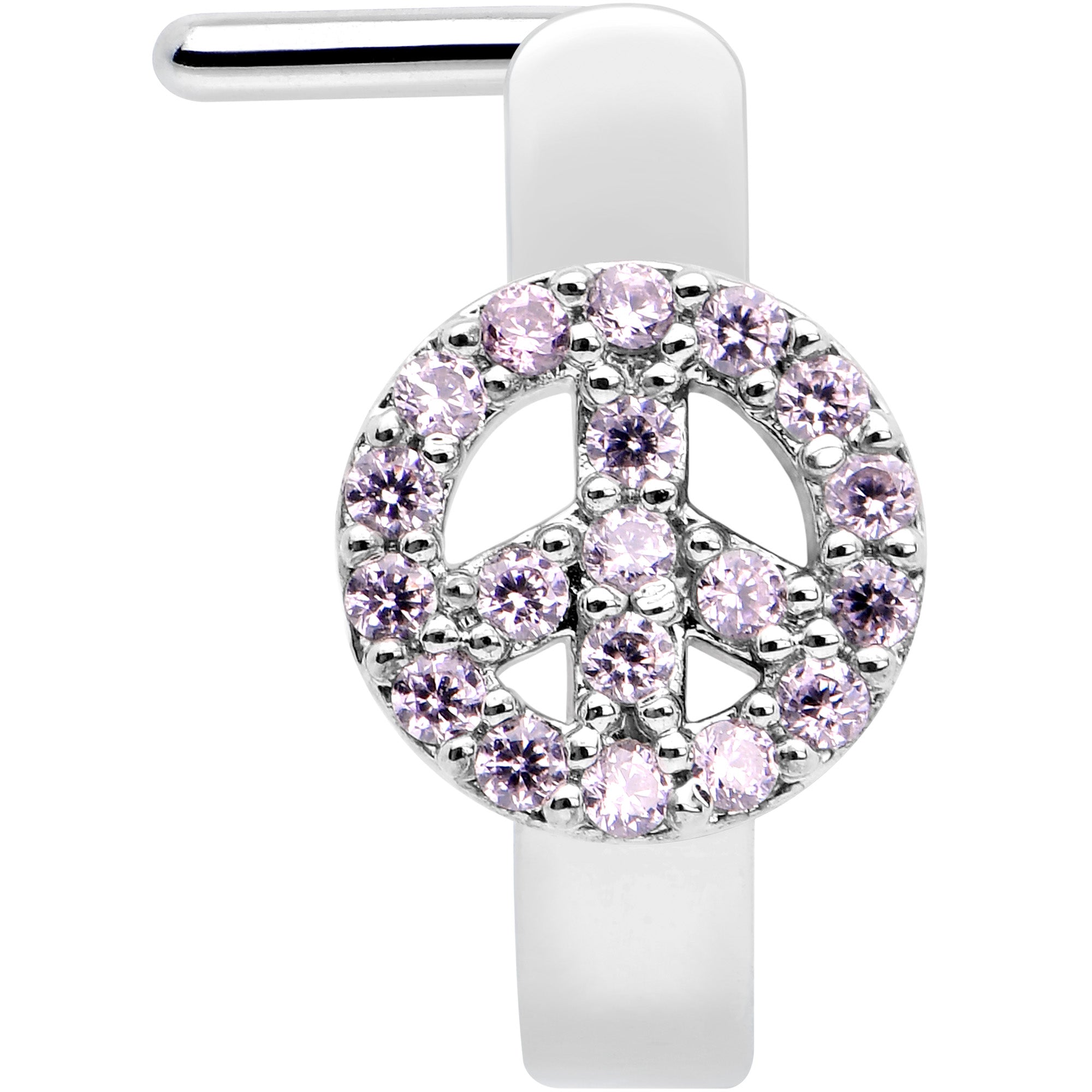 20G 5/16 Faint Pink Gem Retro Peace Sign Faux Hoop L Shape Nose Ring