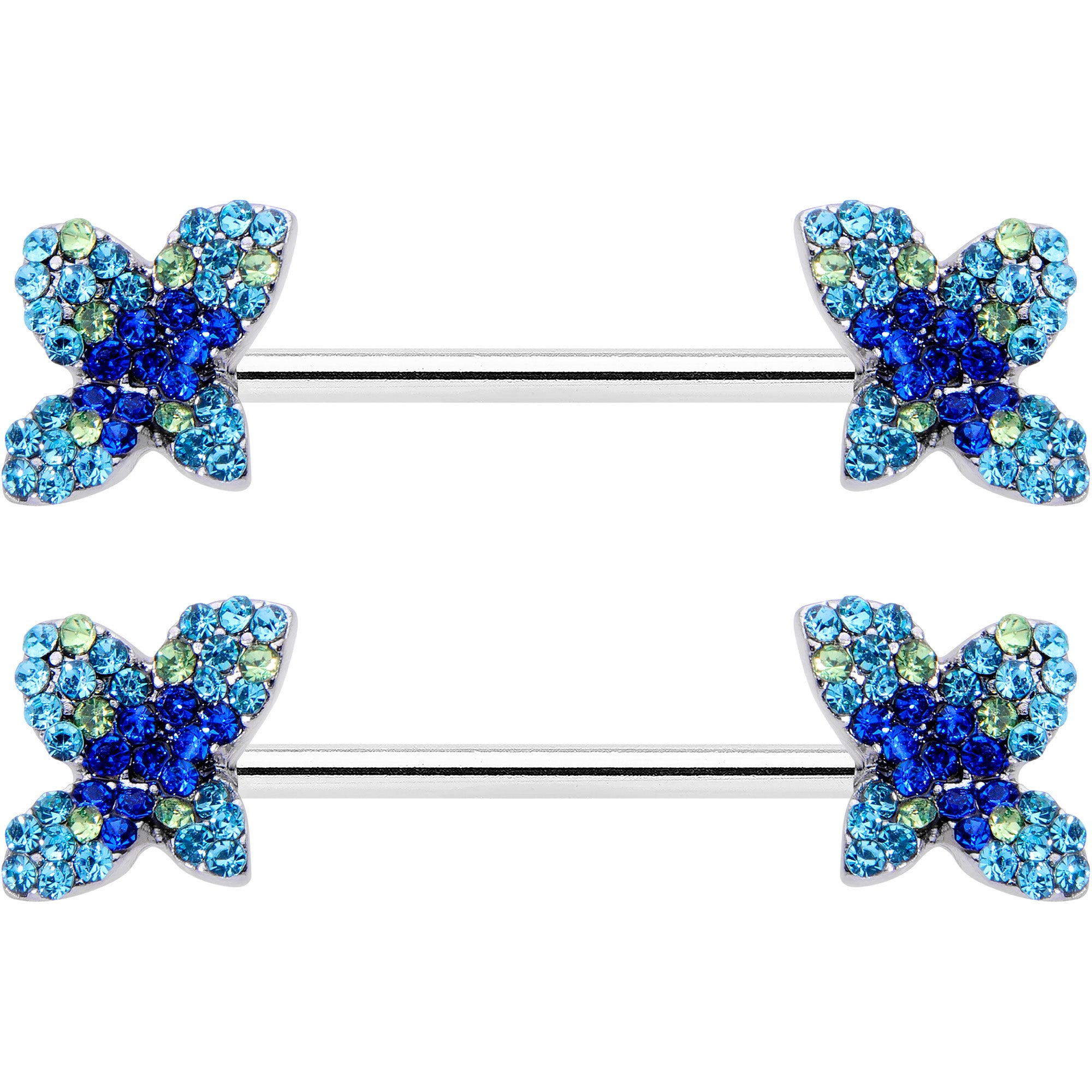 14G 9/16 Blue Gem Glamour Butterfly Barbell Nipple Ring Set