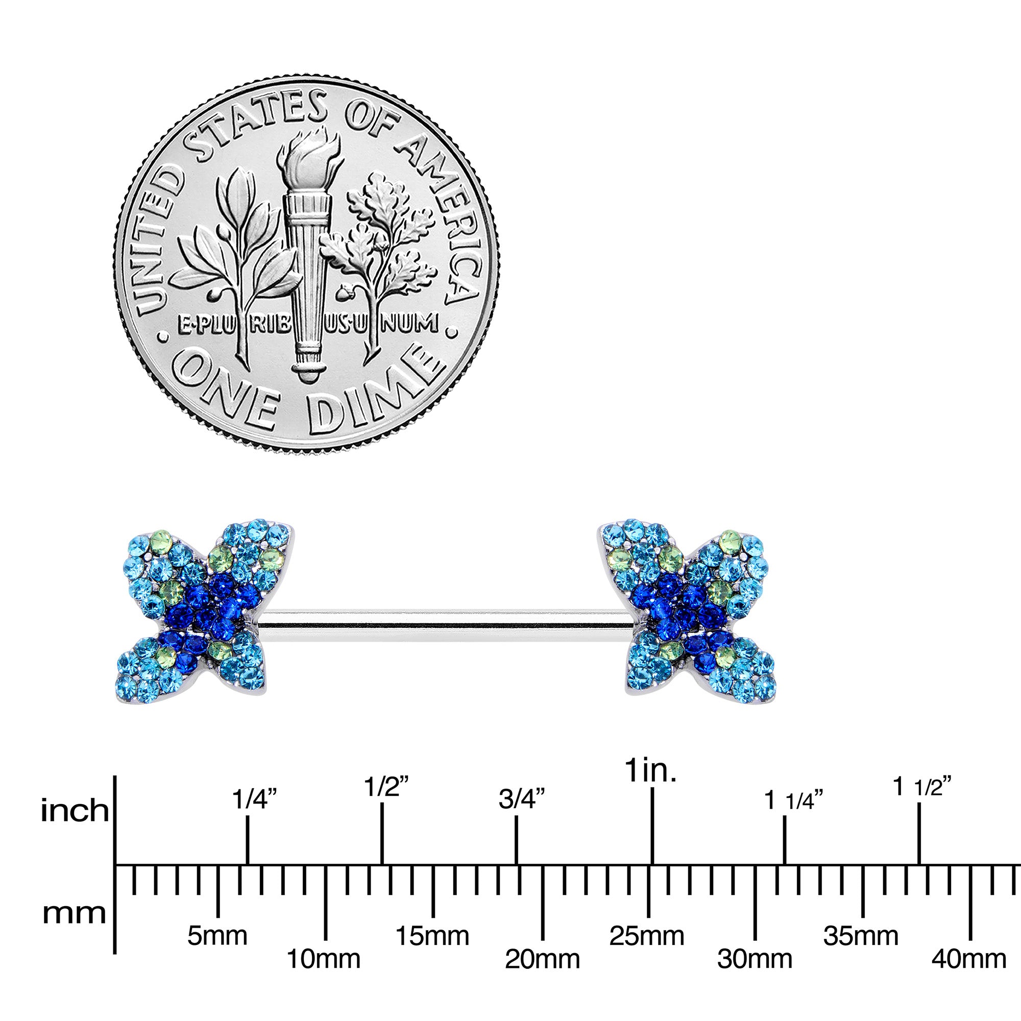 14G 9/16 Blue Gem Glamour Butterfly Barbell Nipple Ring Set