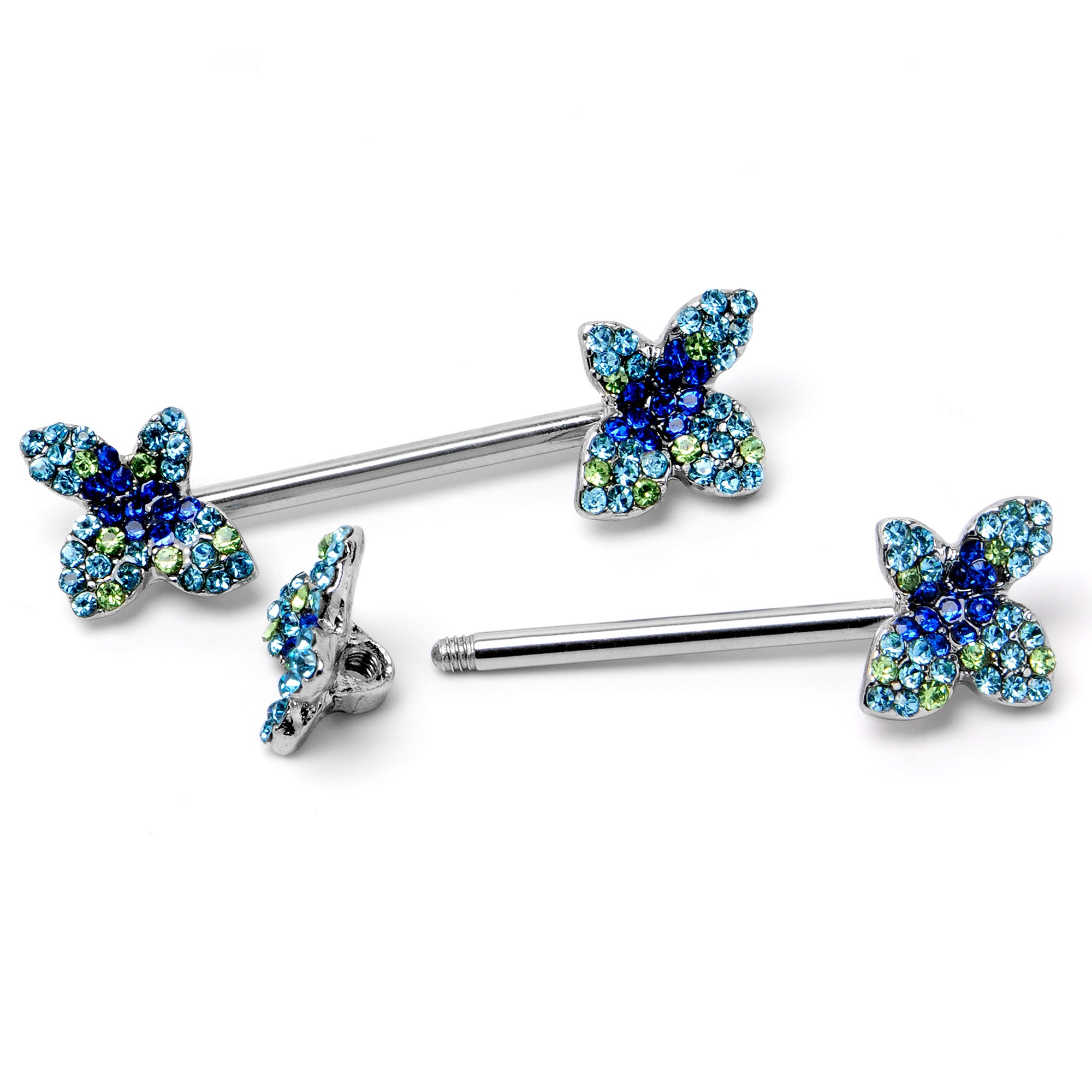 14G 9/16 Blue Gem Glamour Butterfly Barbell Nipple Ring Set