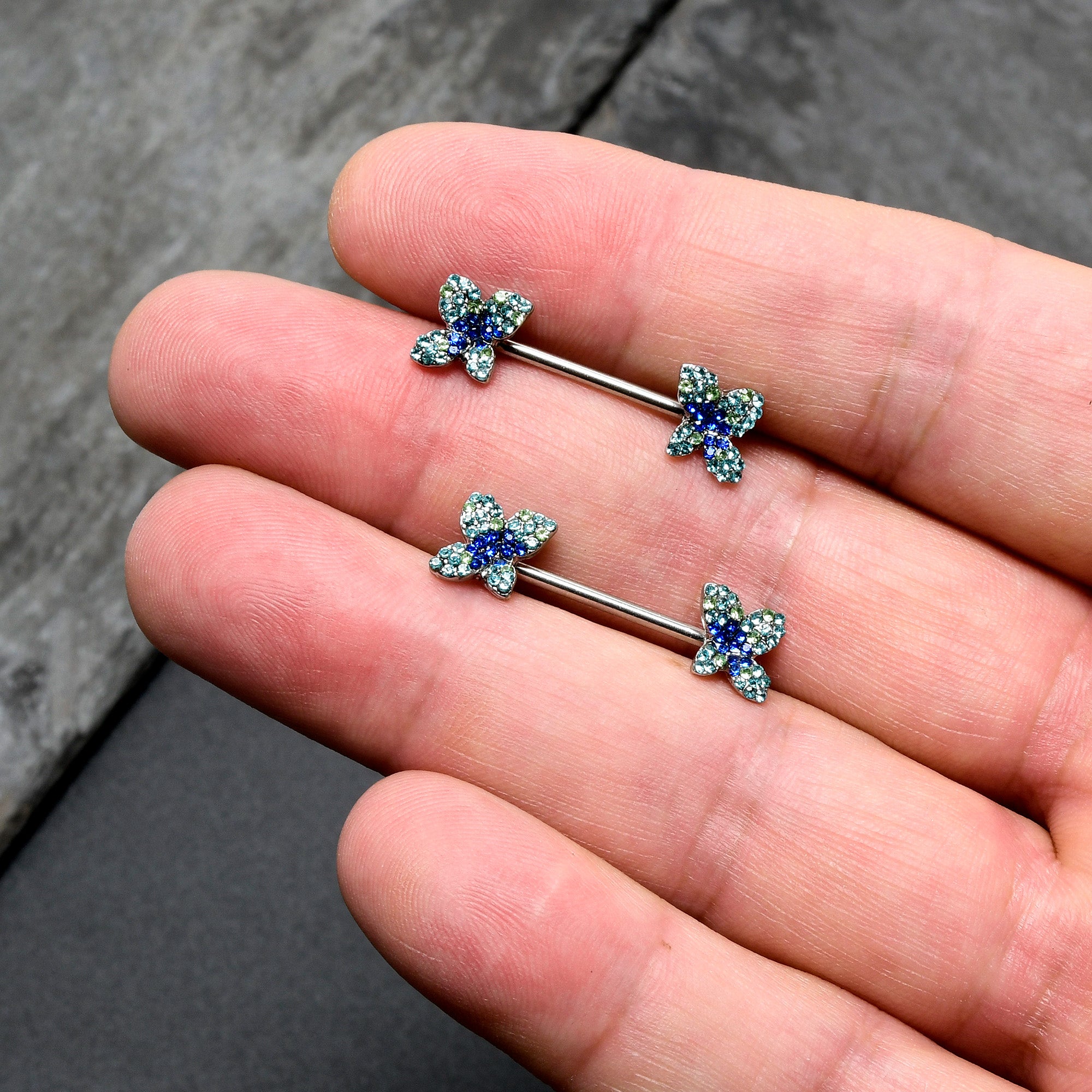 14G 9/16 Blue Gem Glamour Butterfly Barbell Nipple Ring Set