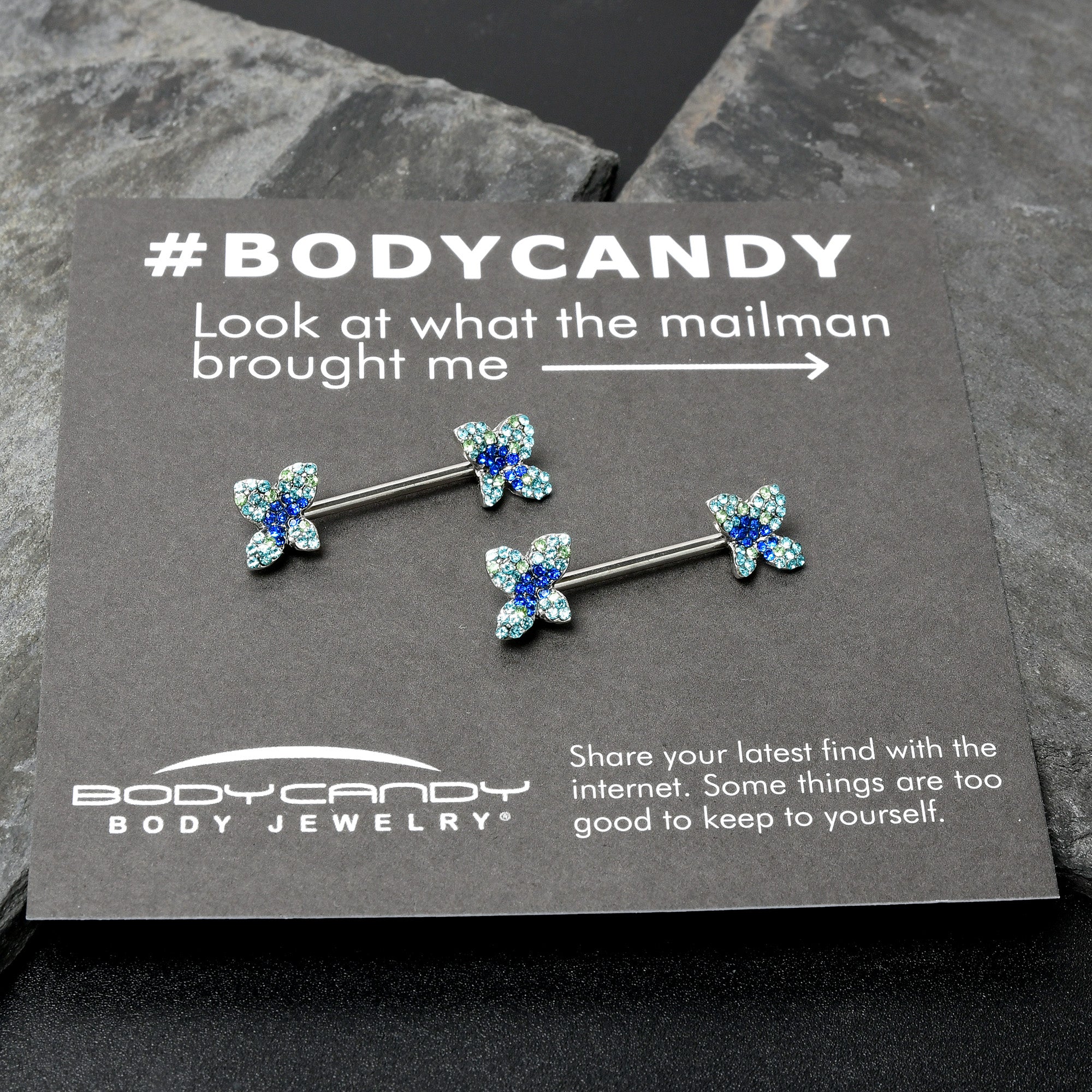 14G 9/16 Blue Gem Glamour Butterfly Barbell Nipple Ring Set