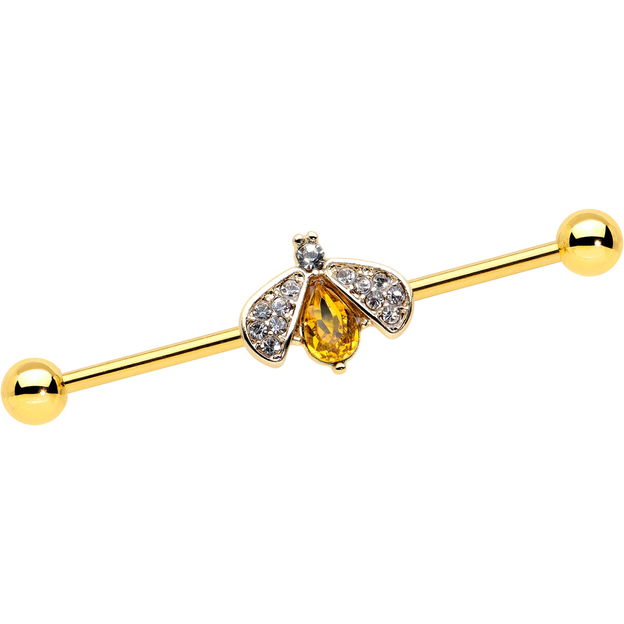 14 Gauge Clear Yellow Gem Gold Tone Style Bug Industrial Barbell 38mm