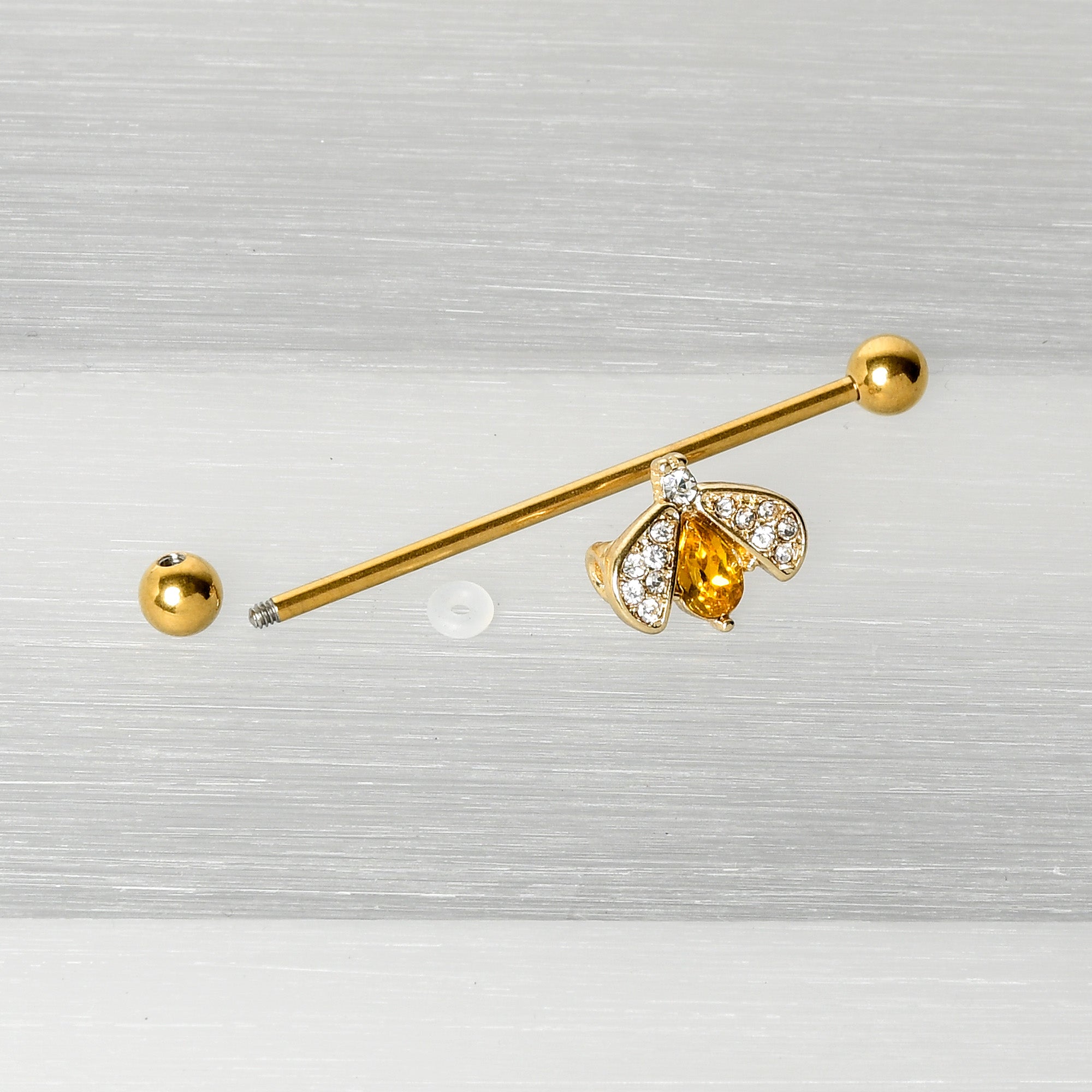 14 Gauge Clear Yellow Gem Gold Tone Style Bug Industrial Barbell 38mm