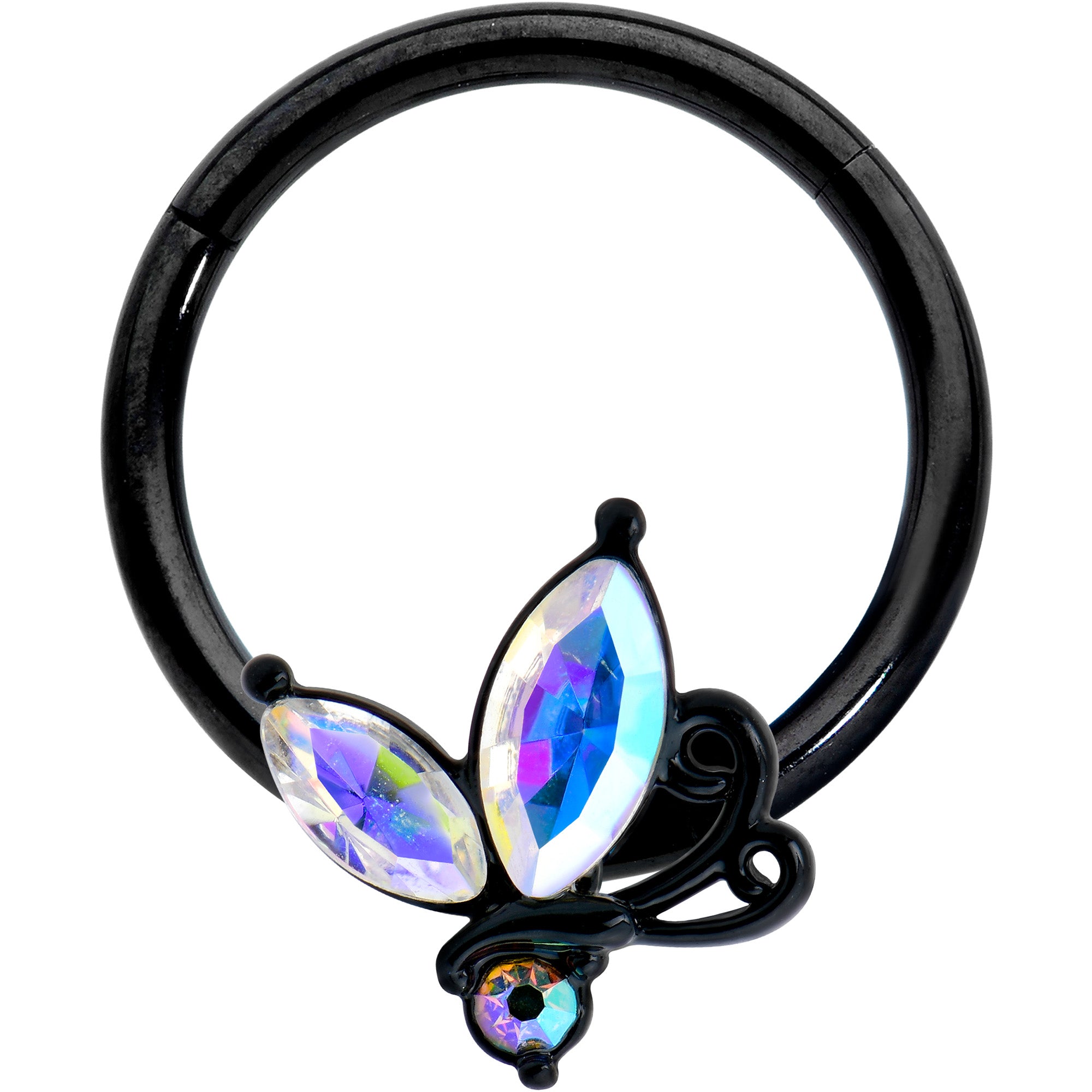 16G 3/8 Aurora CZ Gem Black Fleur de Lis Butterfly Hinged Segment Ring