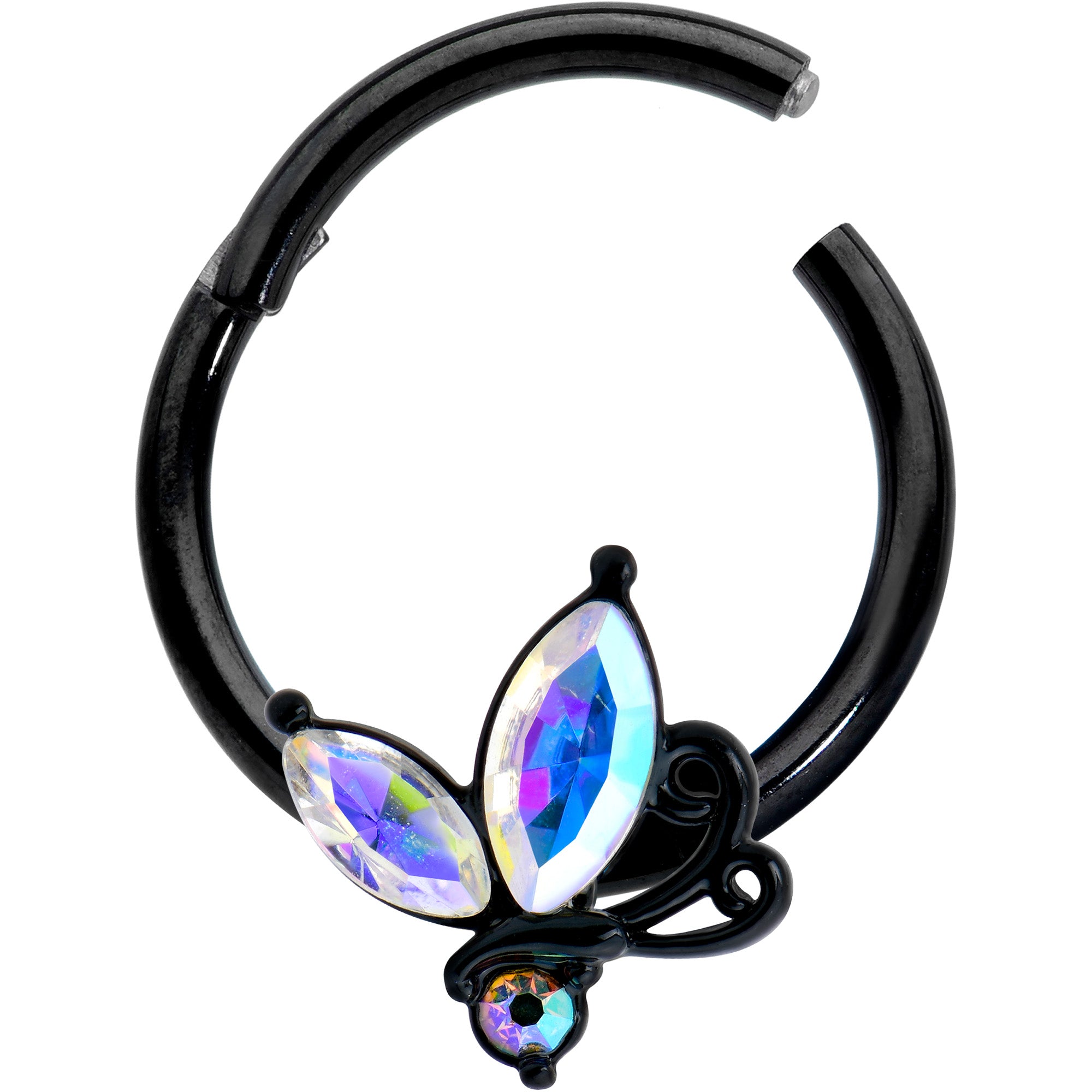 16G 3/8 Aurora CZ Gem Black Fleur de Lis Butterfly Hinged Segment Ring