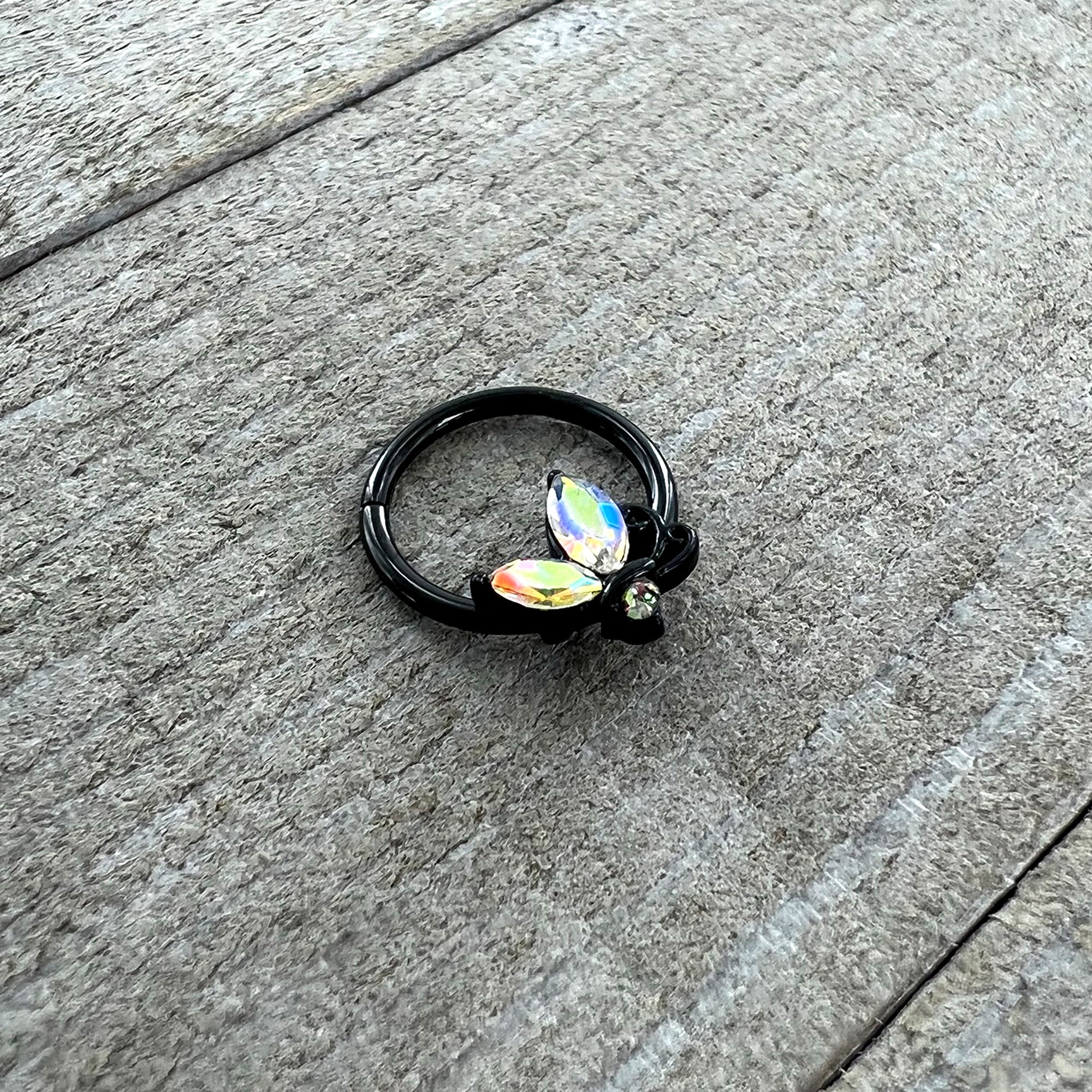 16G 3/8 Aurora CZ Gem Black Fleur de Lis Butterfly Hinged Segment Ring