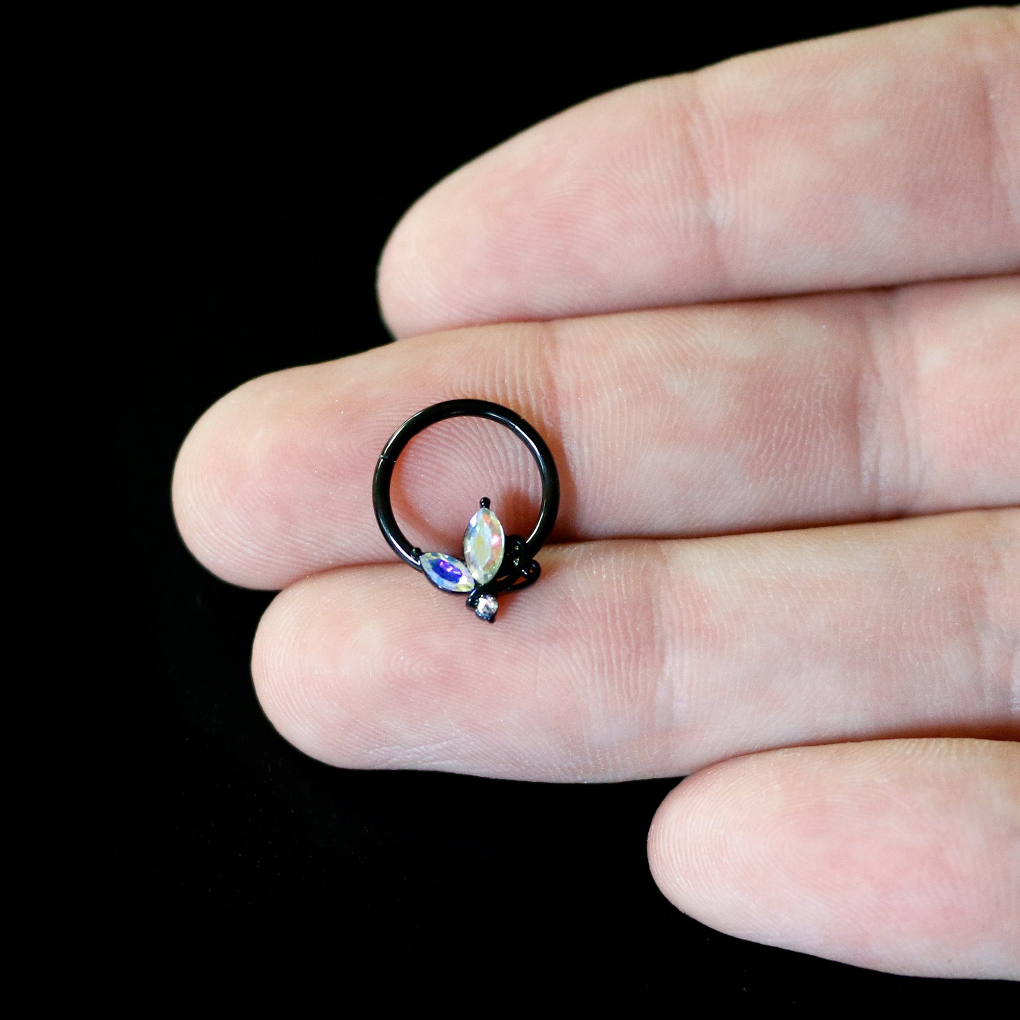 16G 3/8 Aurora CZ Gem Black Fleur de Lis Butterfly Hinged Segment Ring