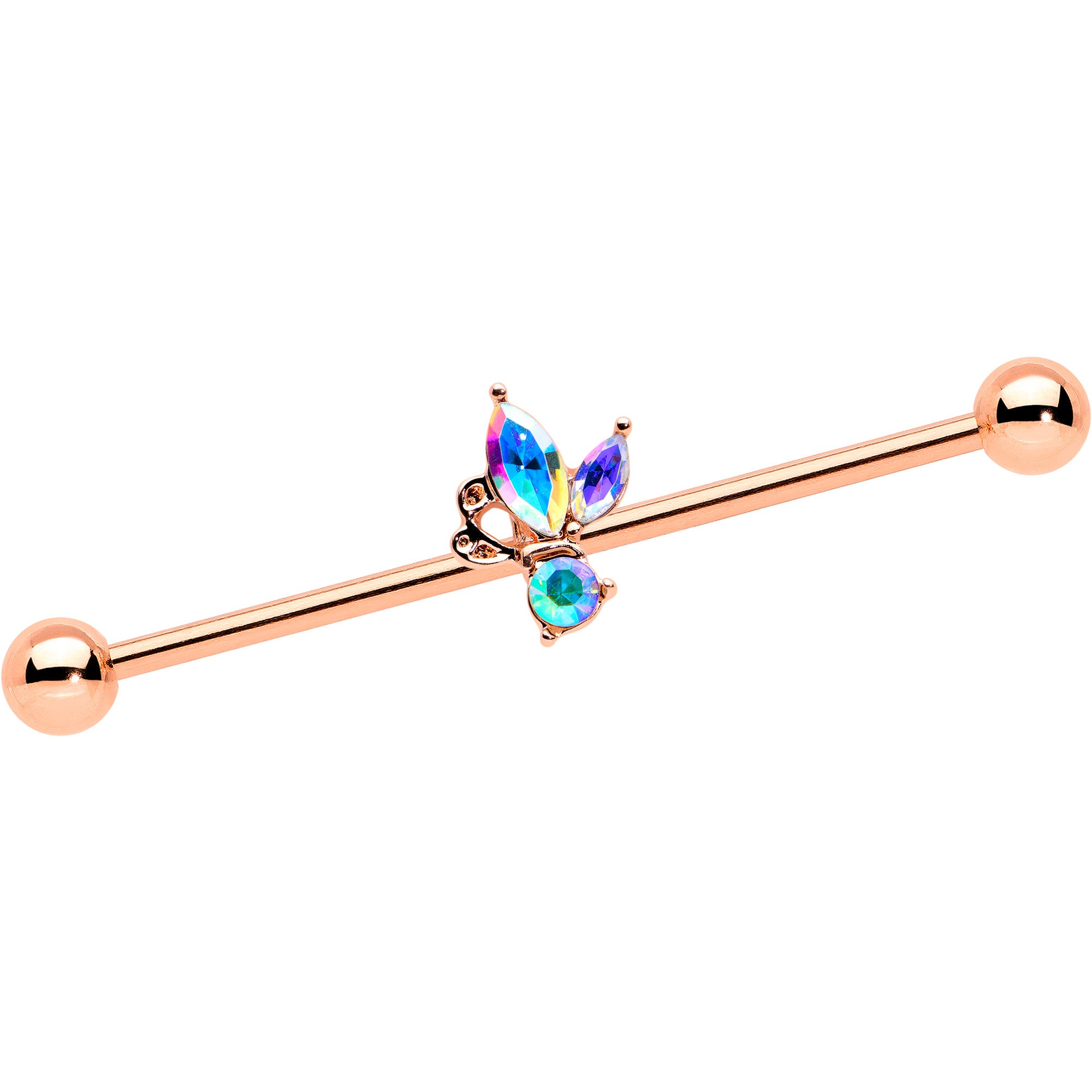 14G Aurora CZ Gem Rosy Tone Fleur de Lis Butterfly Industrial Barbell 38mm