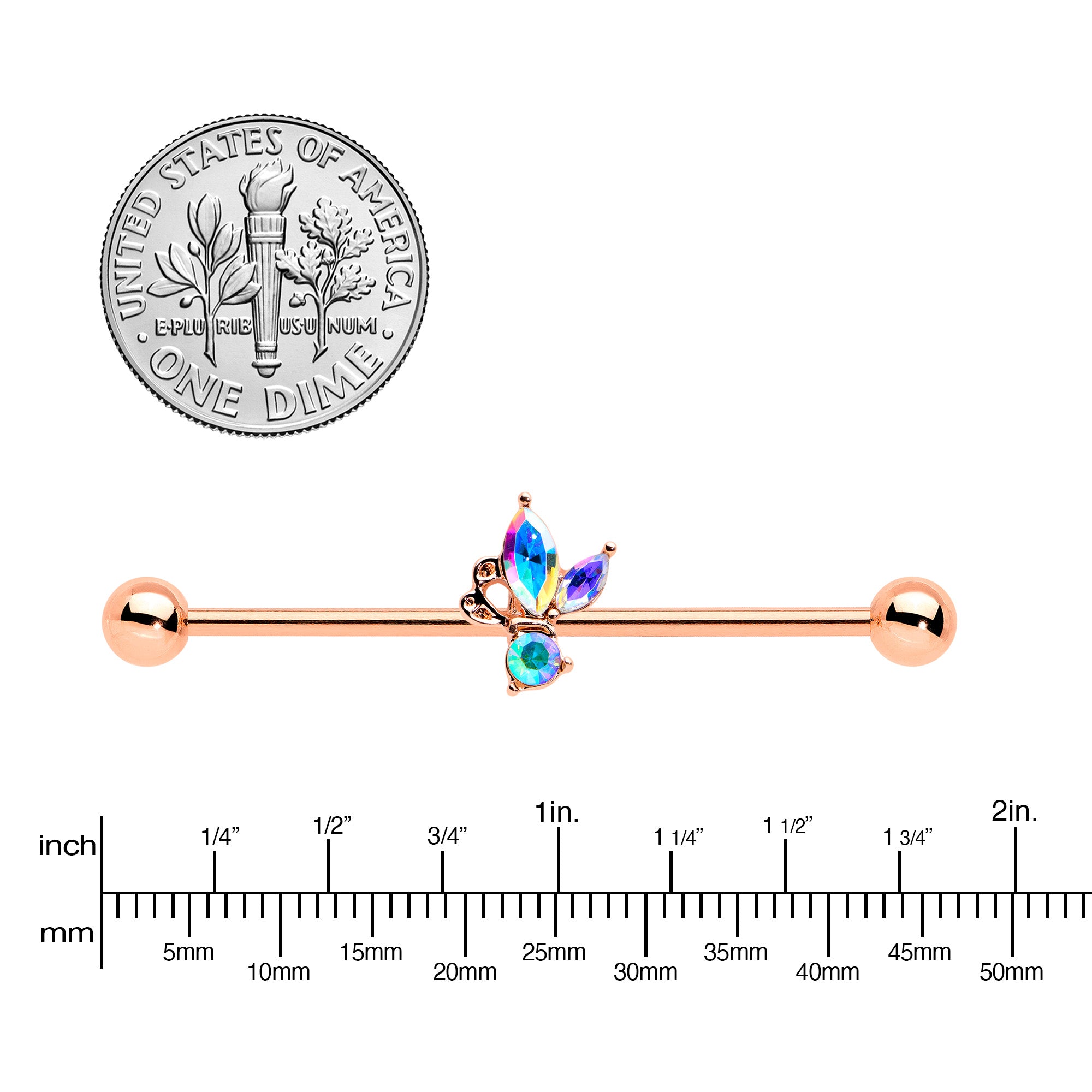 14G Aurora CZ Gem Rosy Tone Fleur de Lis Butterfly Industrial Barbell 38mm
