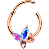 16 Gauge 3/8 Aurora CZ Gem Rosy Tone Fleur de Lis Butterfly Hinged Segment Ring