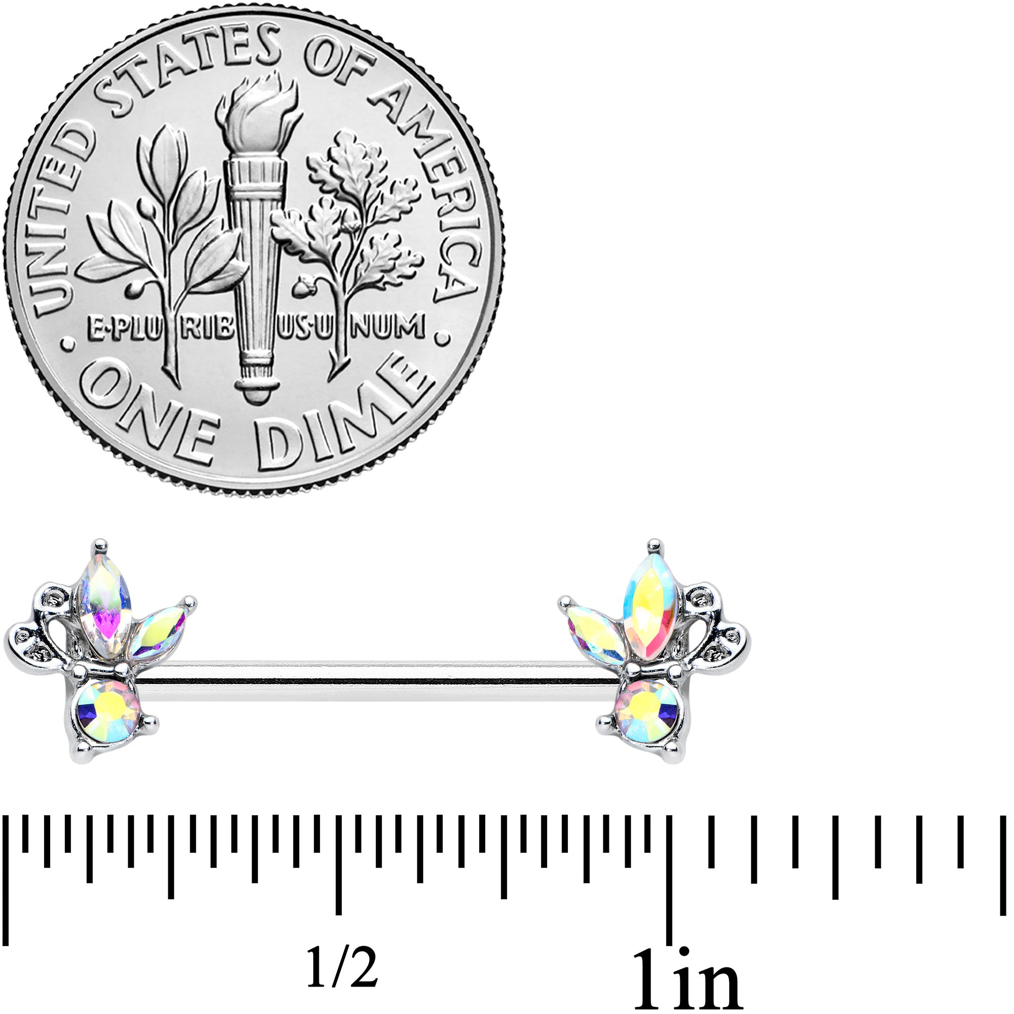 14G 9/16 Aurora CZ Gem Fleur de Lis Butterfly Barbell Nipple Ring Set