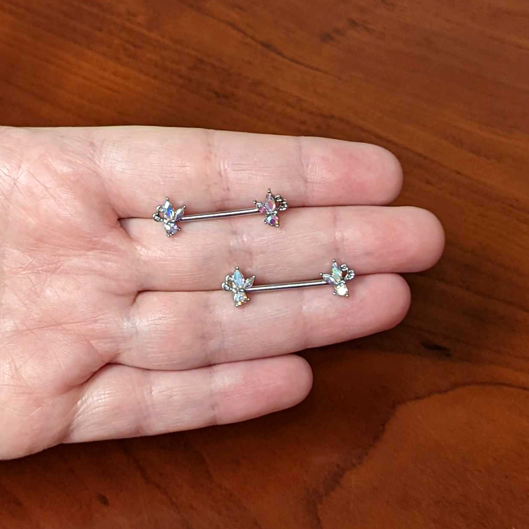 14G 9/16 Aurora CZ Gem Fleur de Lis Butterfly Barbell Nipple Ring Set