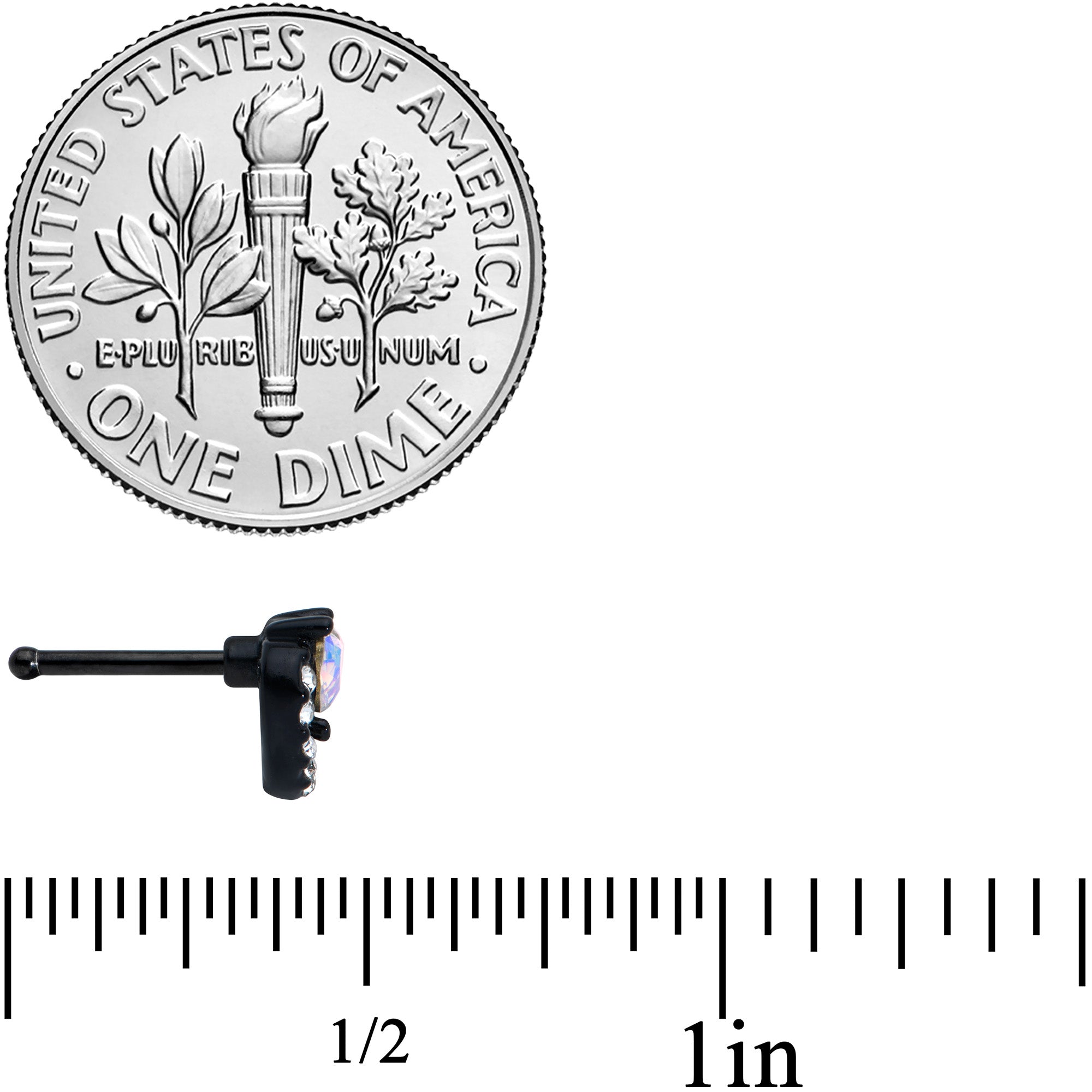 20G 1/4 Clear Aurora Gem Black Heart Valentines Nose Bone