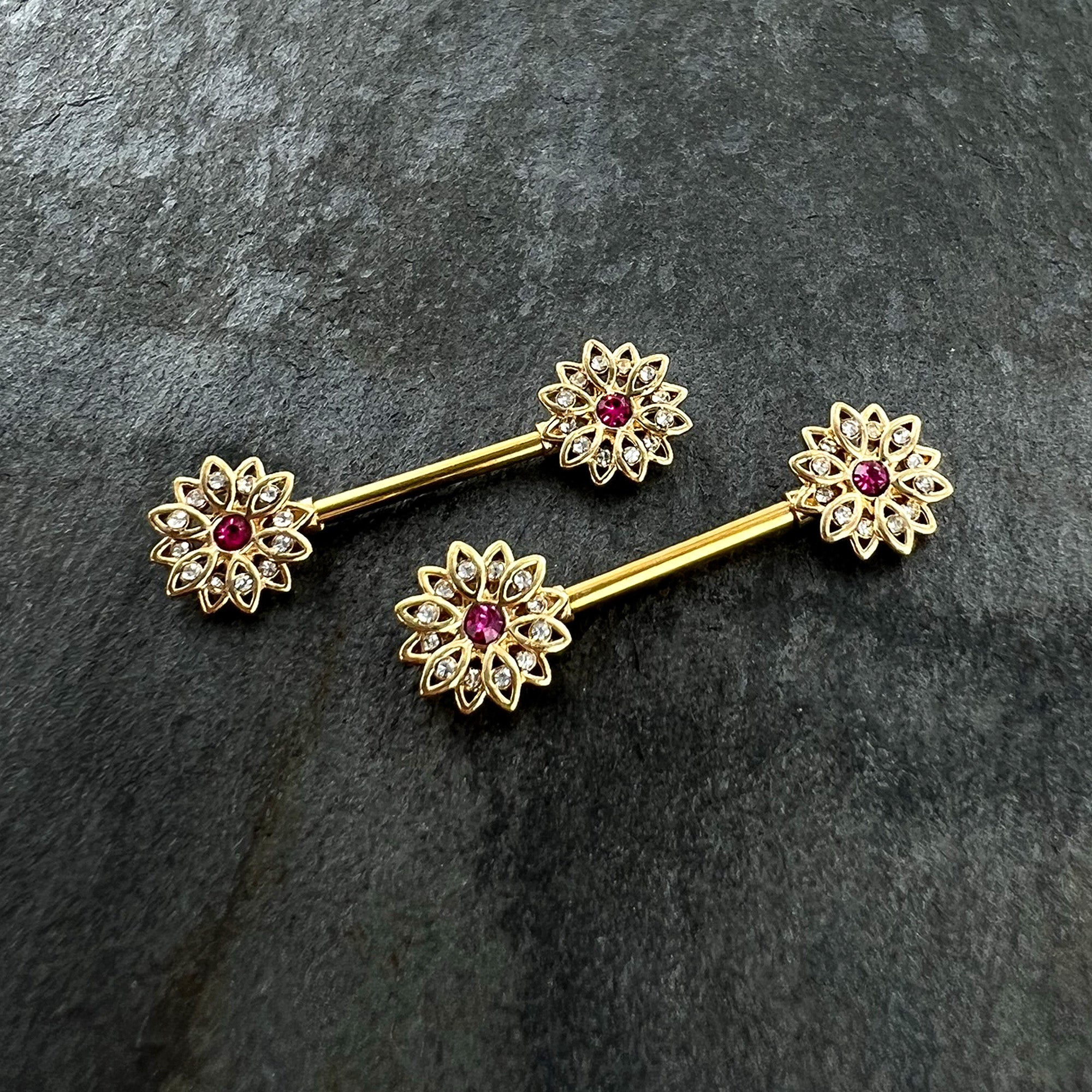 14 Gauge 9/16 Clear Pink Gem Gold Tone Starry Flower Nipple Ring Set