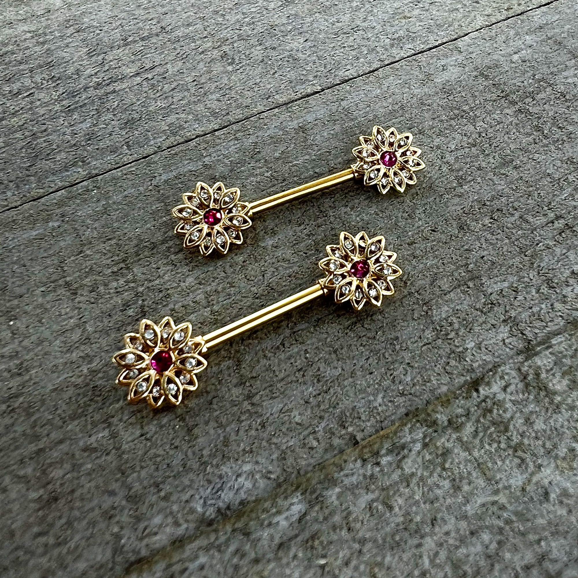 14 Gauge 9/16 Clear Pink Gem Gold Tone Starry Flower Nipple Ring Set