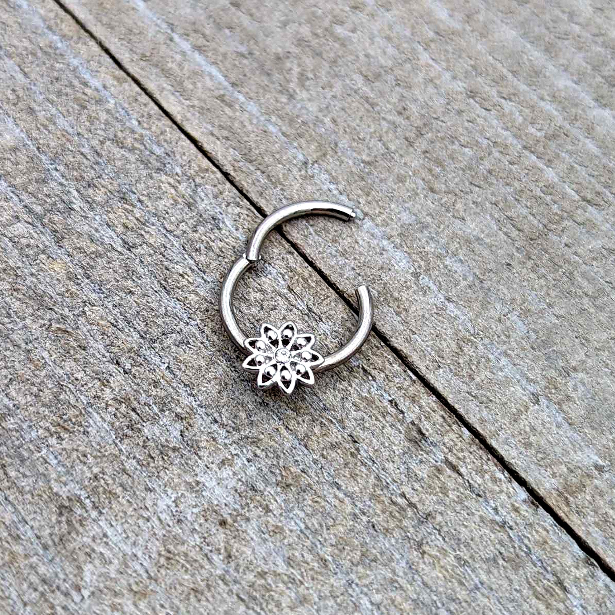 16G 3/8 Clear Gem Starry Flower Hinged Segment Ring