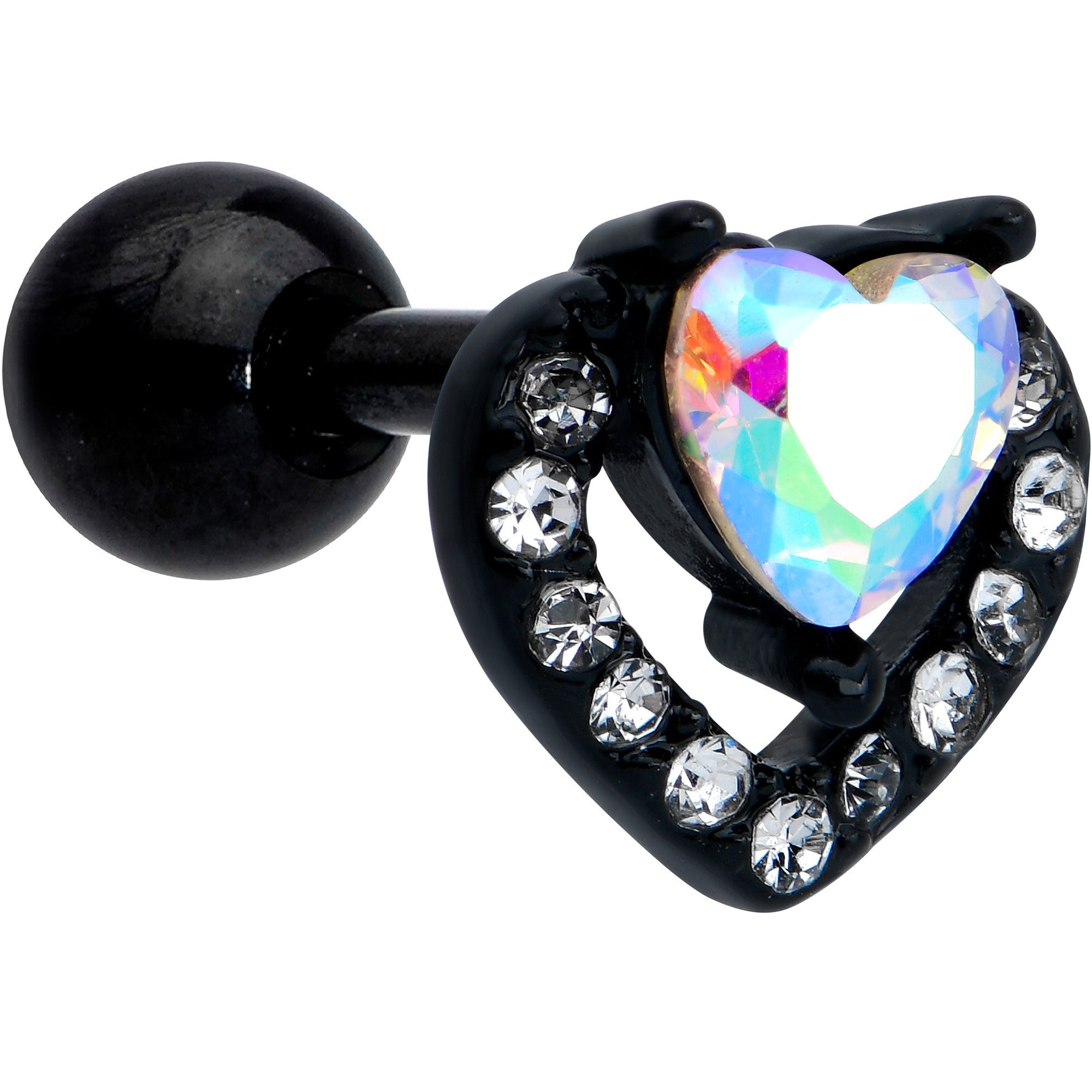 16G 1/4 Aurora Gem Black Double Heart Cartilage Tragus Earring
