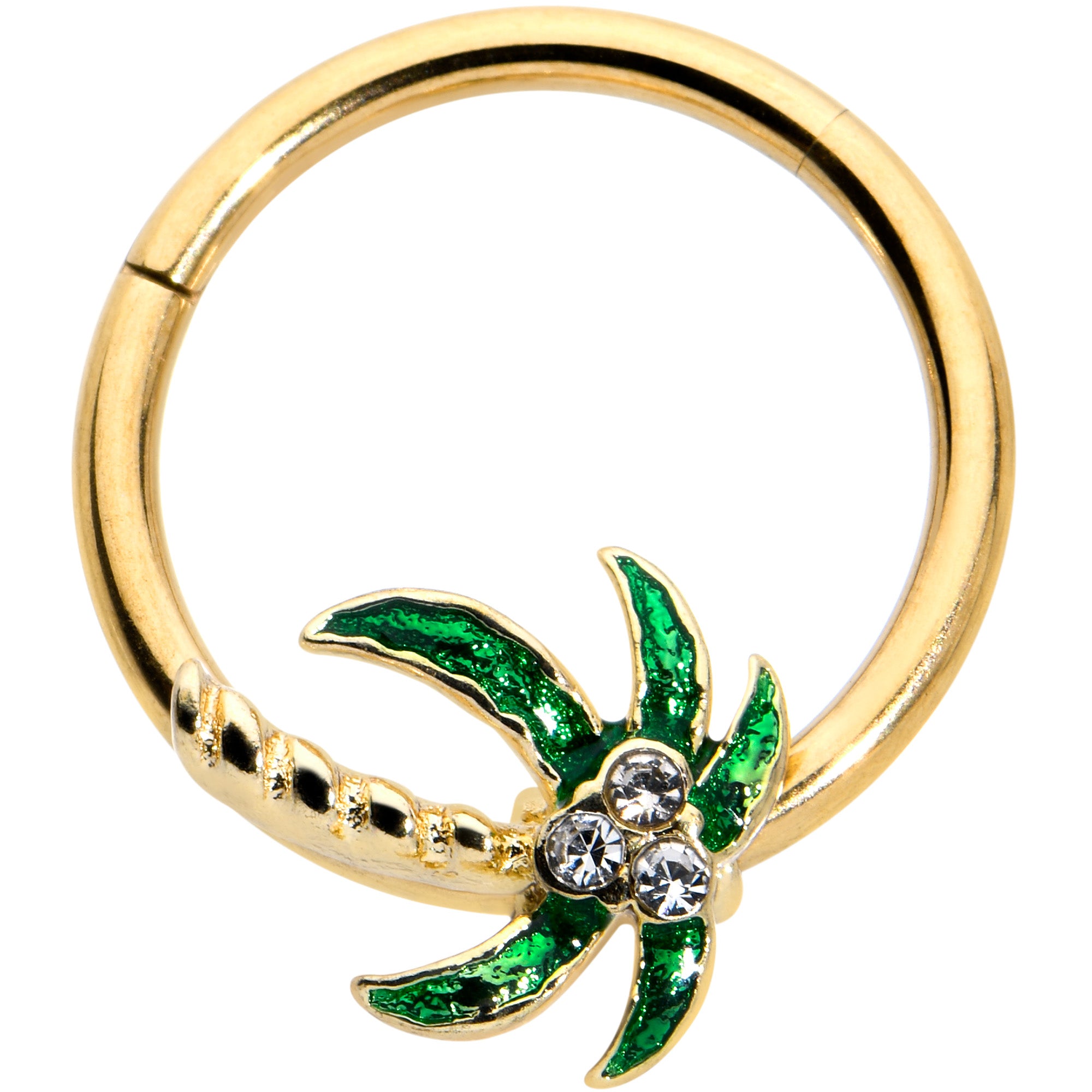 16G 3/8 Clear Gem Gold Tone Palm Tree Style Hinged Segment Ring