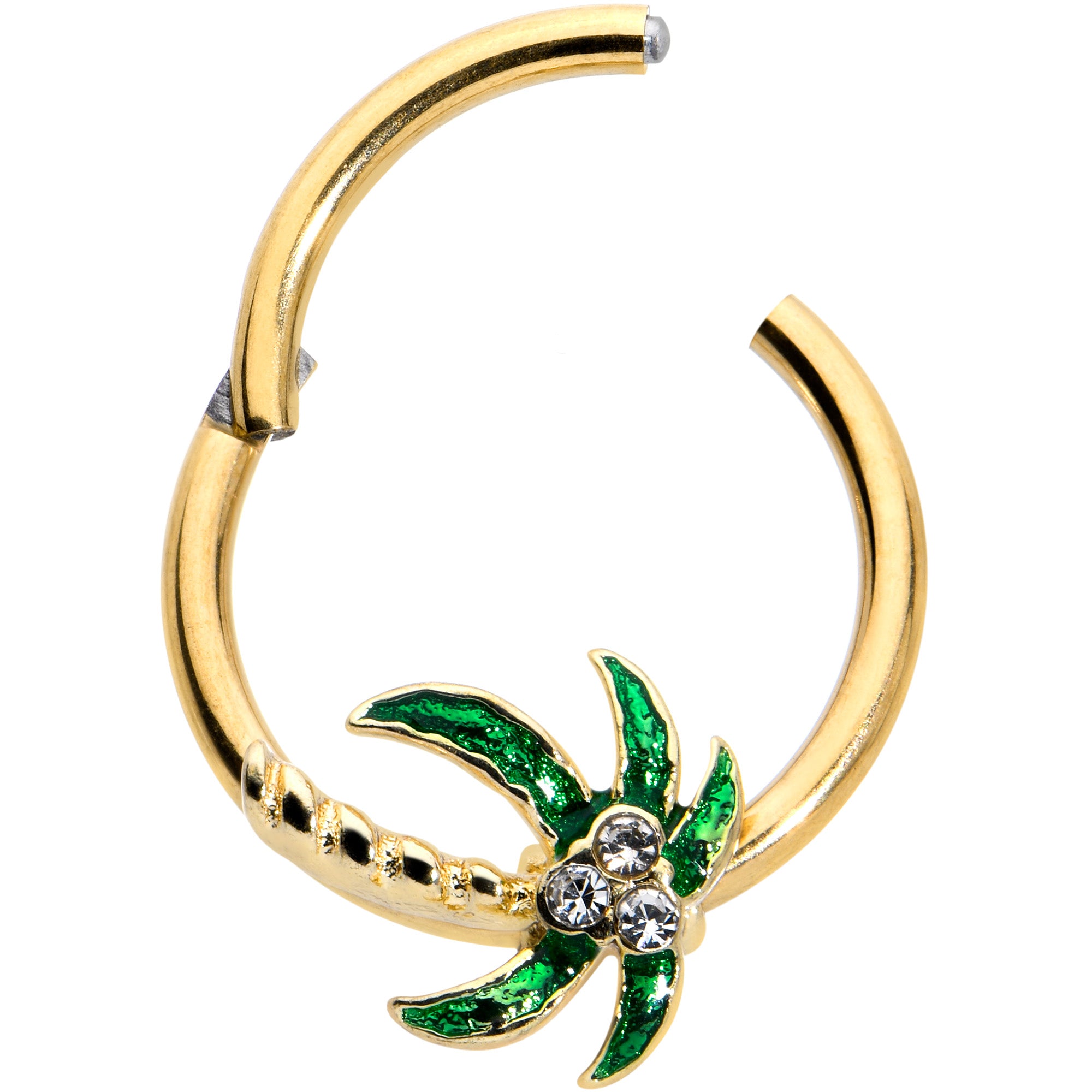 16G 3/8 Clear Gem Gold Tone Palm Tree Style Hinged Segment Ring