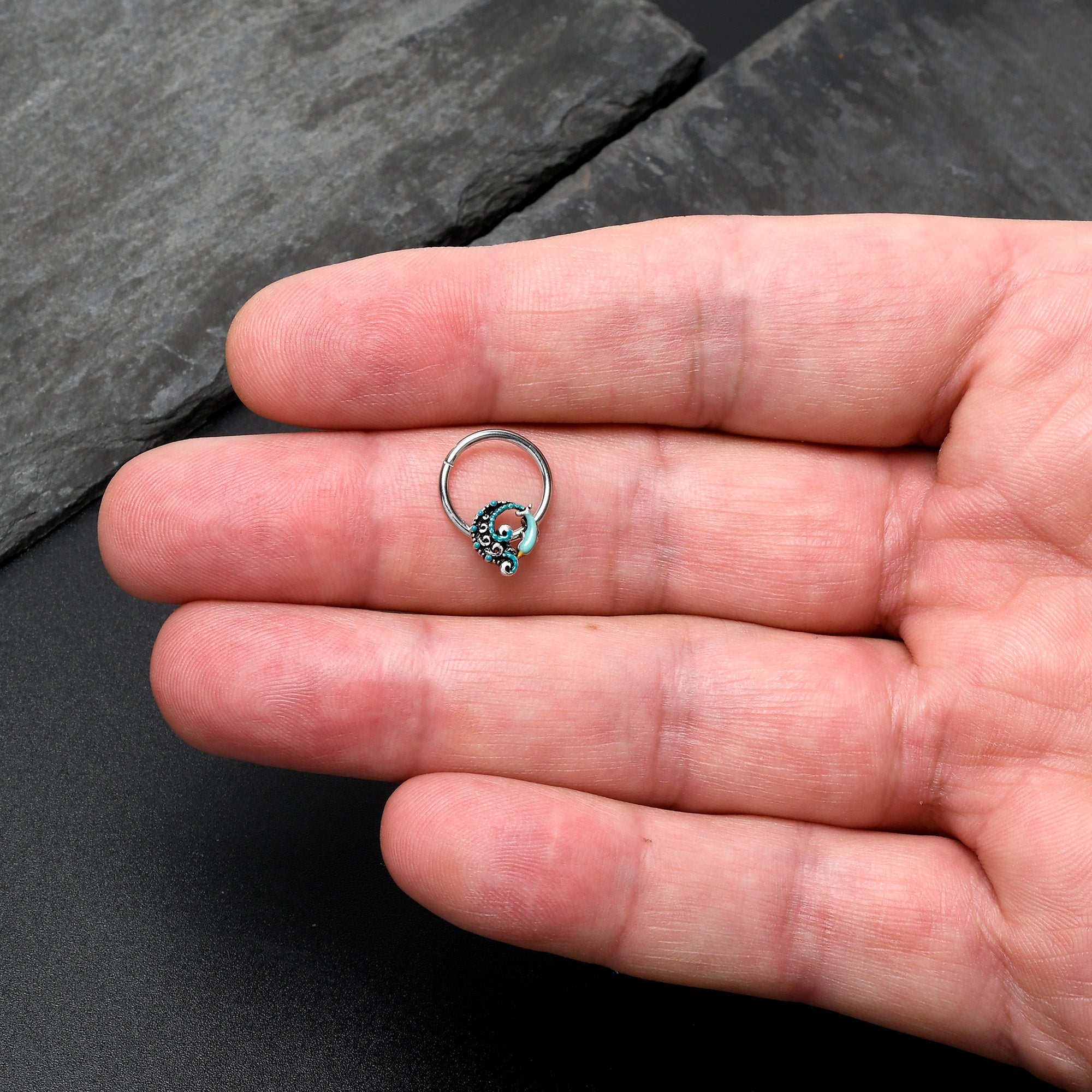 16G 3/8 Leaping Blue Dolphin Hinged Segment Ring