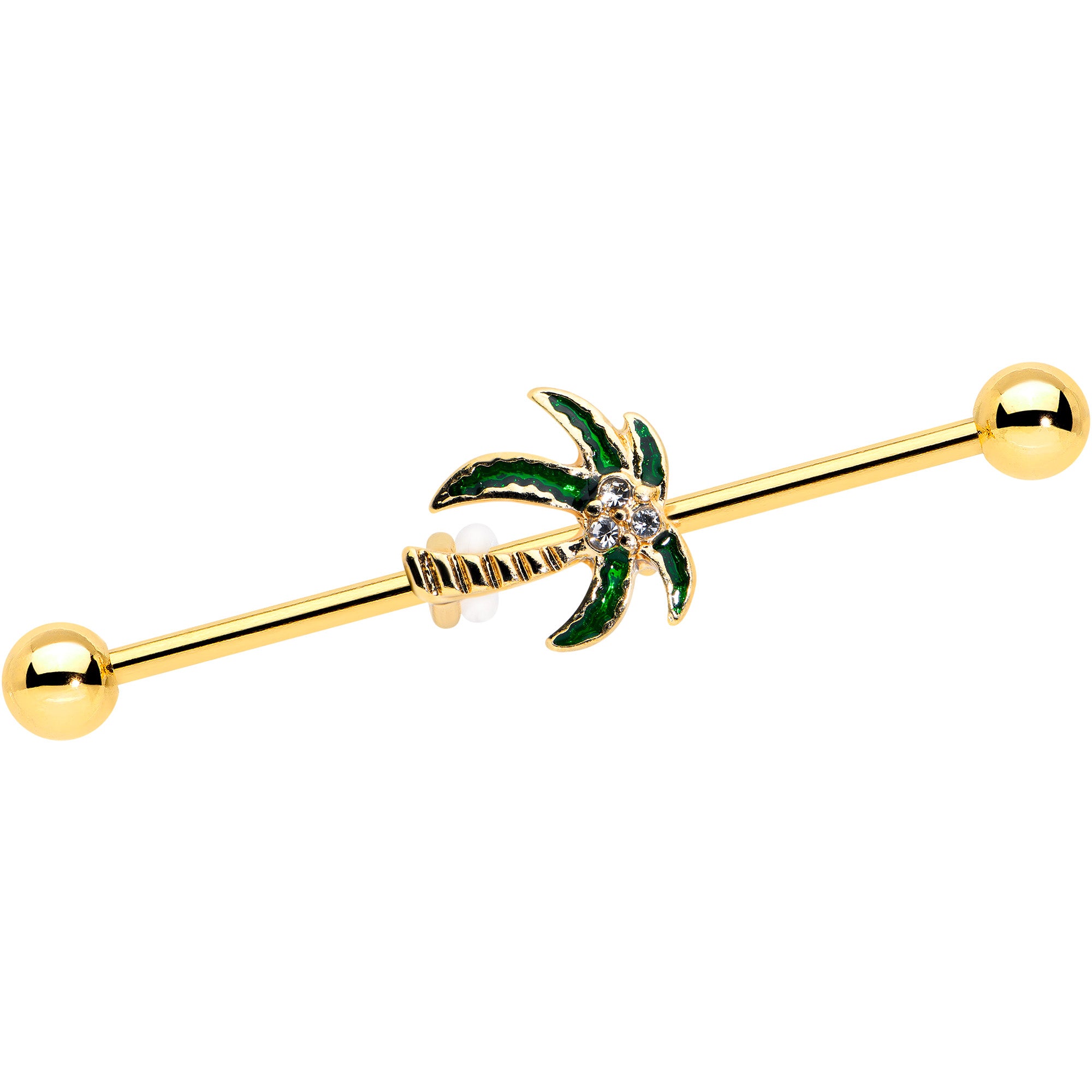 14 Gauge Clear Gem Gold Tone Palm Tree Style Industrial Barbell 38mm