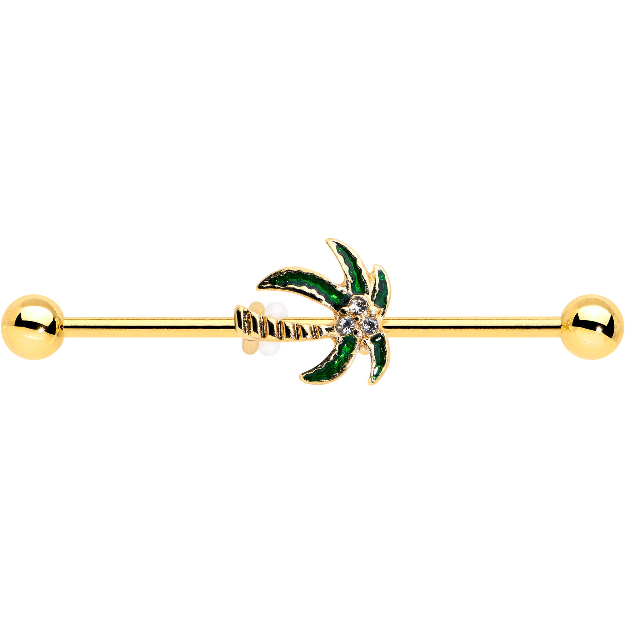 14 Gauge Clear Gem Gold Tone Palm Tree Style Industrial Barbell 38mm