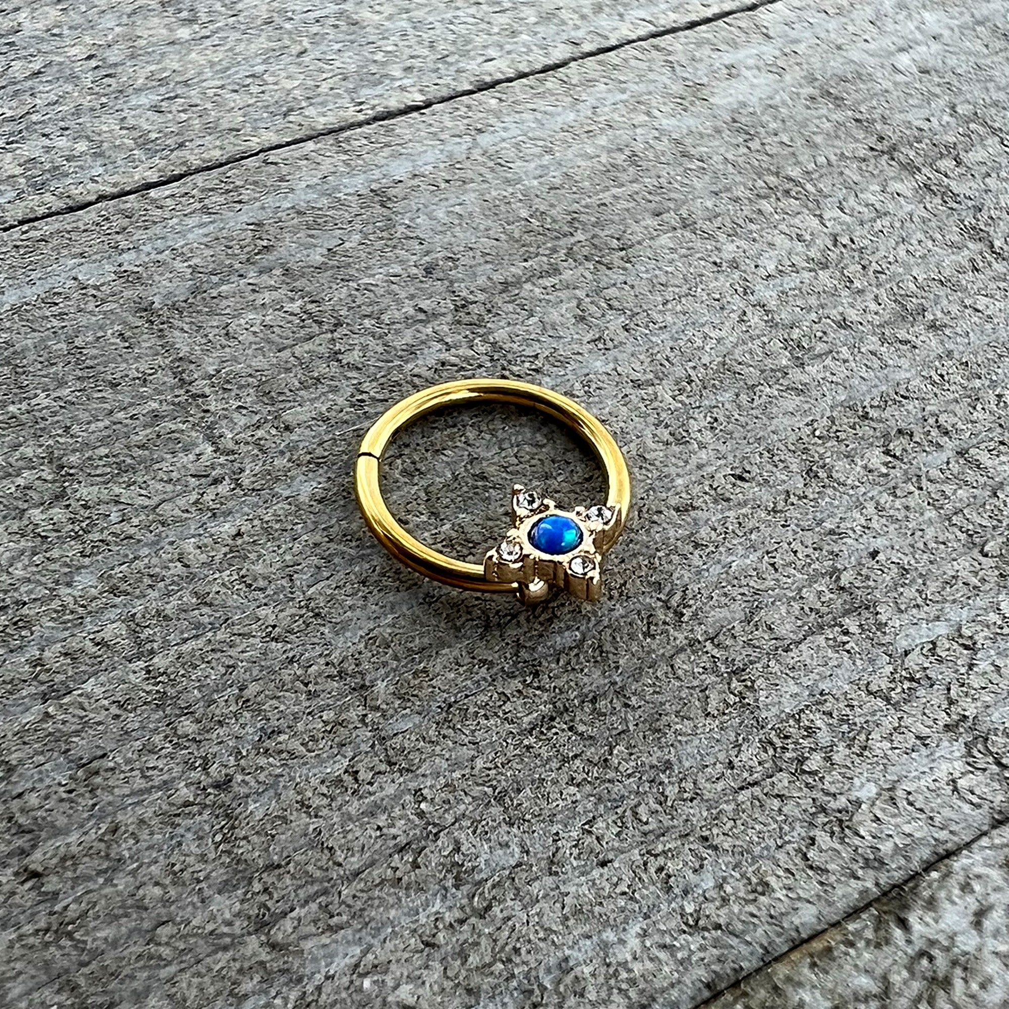 16 Gauge 3/8 Blue Synthetic Opal Gold Hue Rhombus Hinged Segment Ring