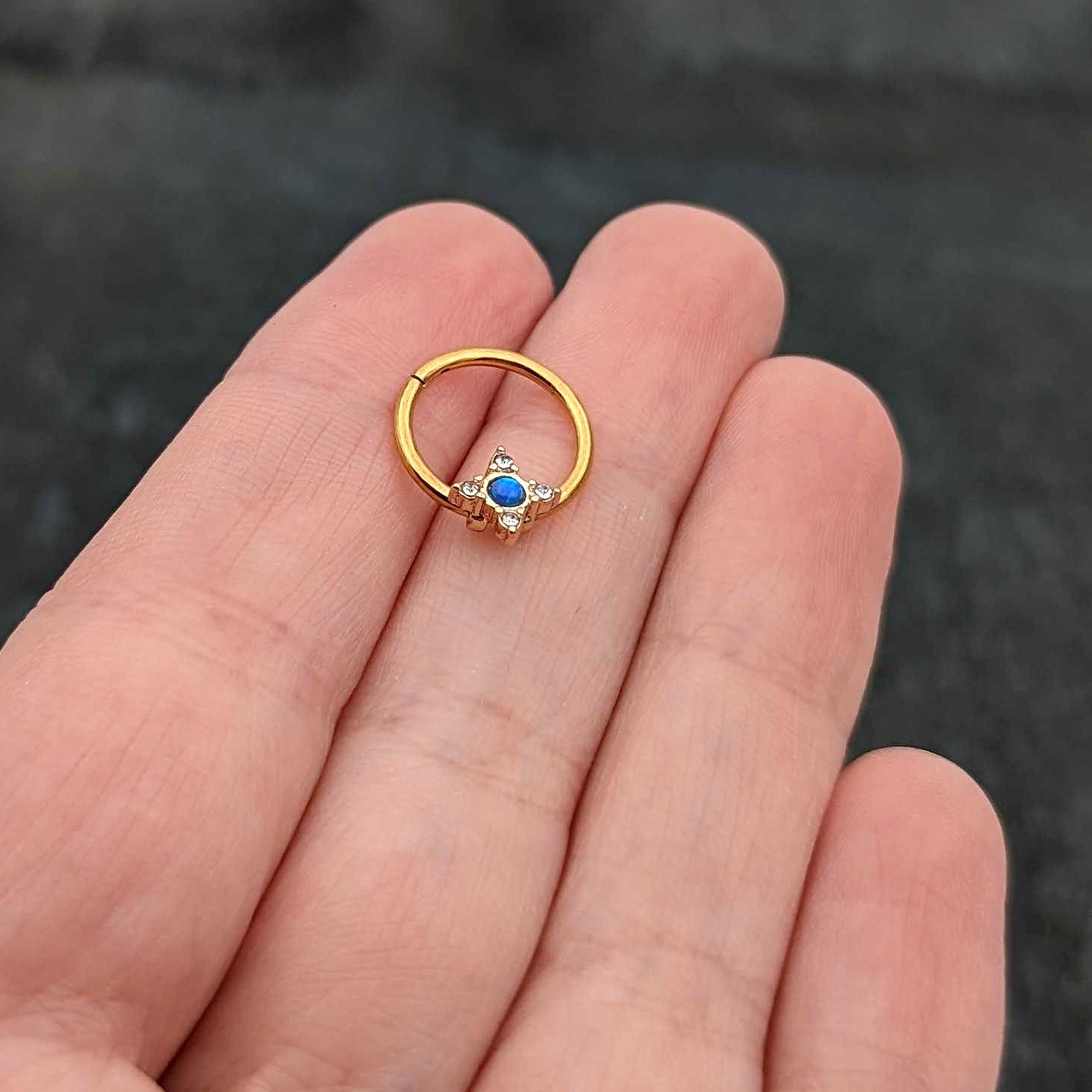 16 Gauge 3/8 Blue Synthetic Opal Gold Hue Rhombus Hinged Segment Ring