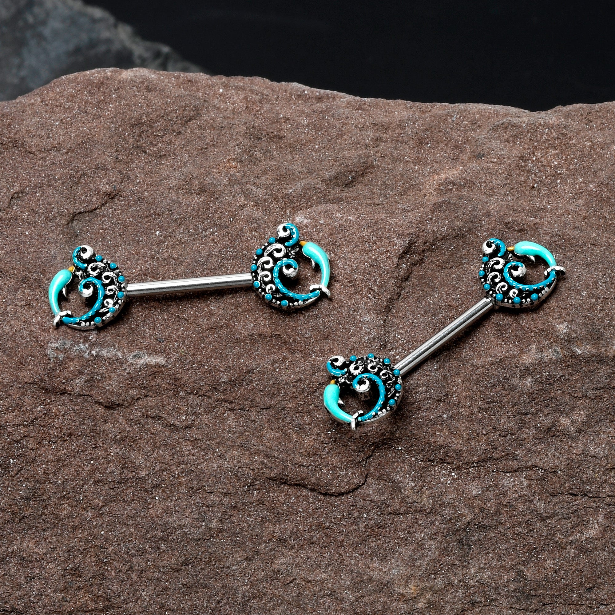 14 Gauge 9/16 Leaping Blue Dolphin Barbell Nipple Ring Set