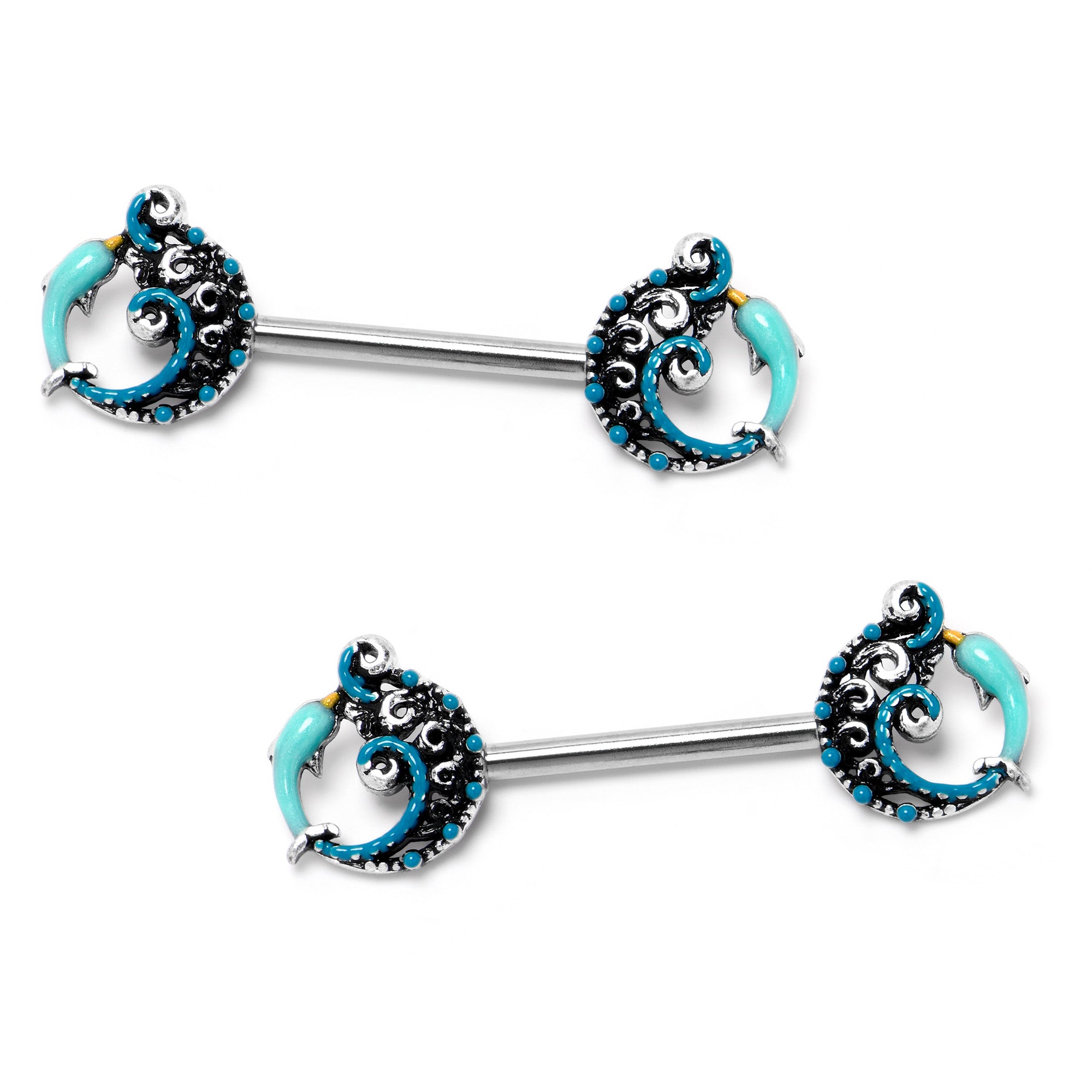 14 Gauge 9/16 Leaping Blue Dolphin Barbell Nipple Ring Set