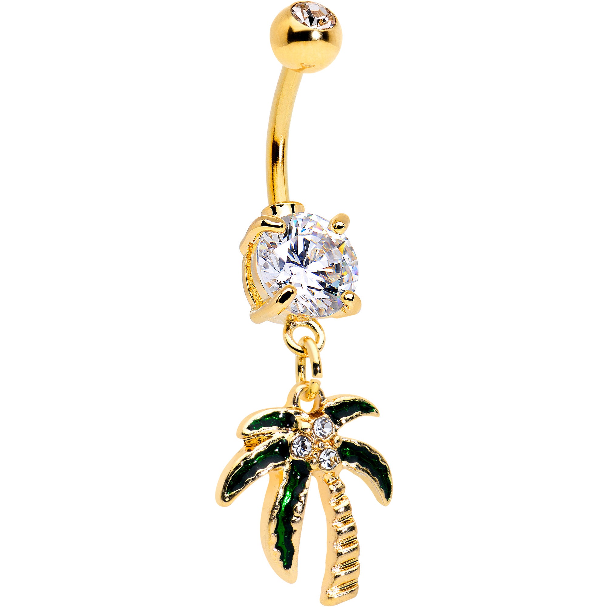 Clear Gem Gold Tone Palm Tree Style Dangle Belly Ring