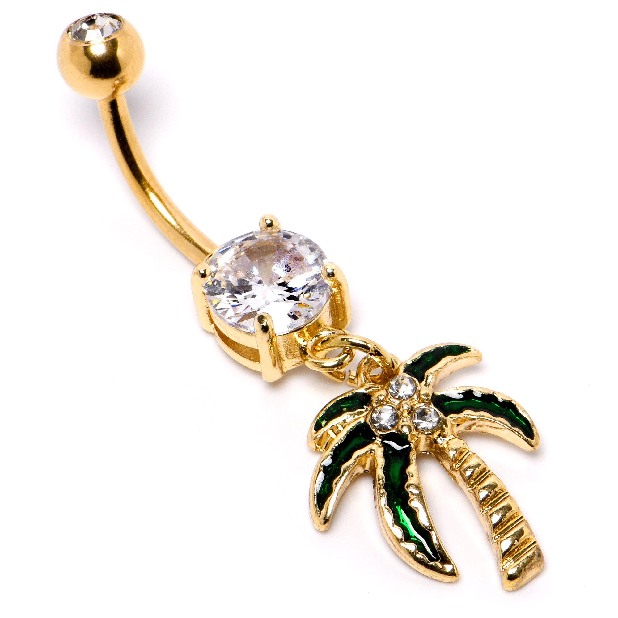 Clear Gem Gold Tone Palm Tree Style Dangle Belly Ring