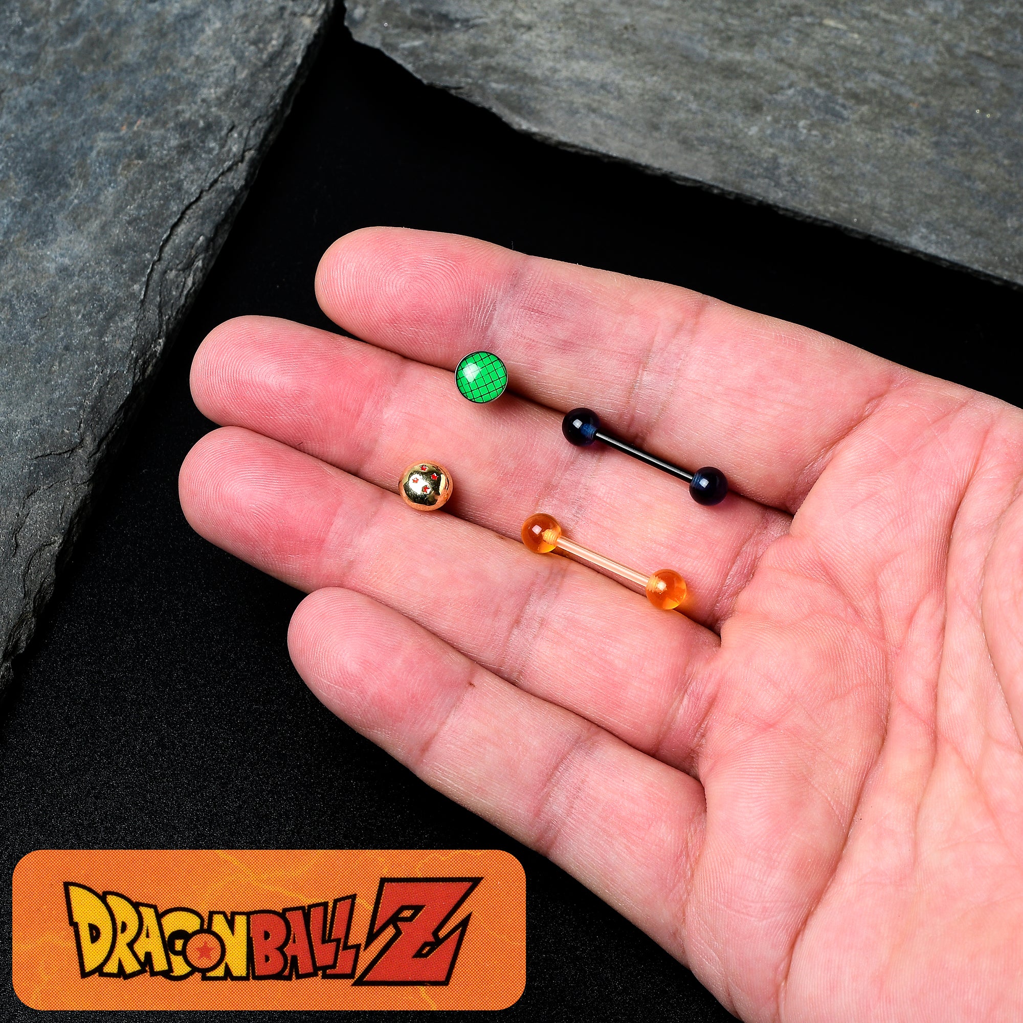 Licensed Dragonball Z Gold Tone Blue Green Barbell Tongue Ring Set of 4