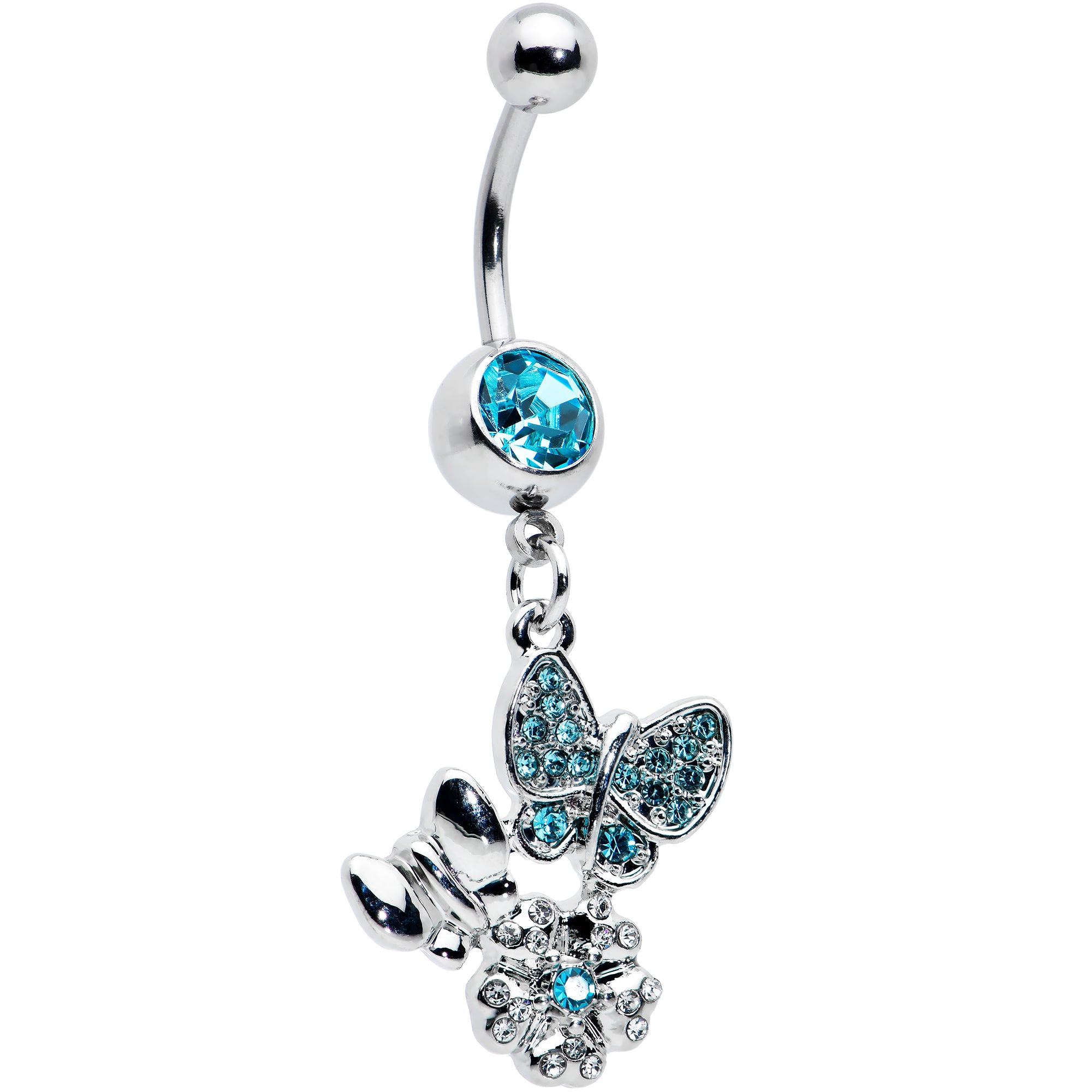 Blue Gem Butterflies Tiny Flower Dangle Belly Ring