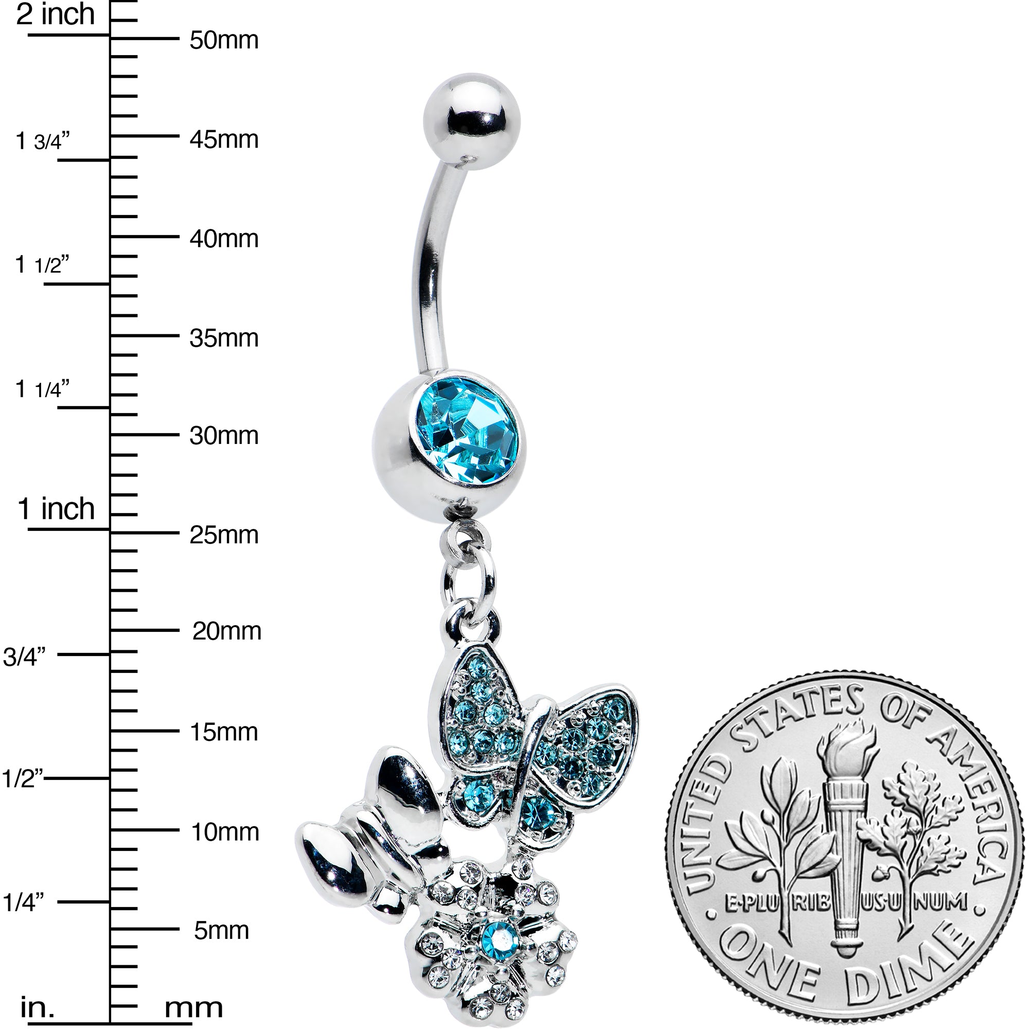 Blue Gem Butterflies Tiny Flower Dangle Belly Ring