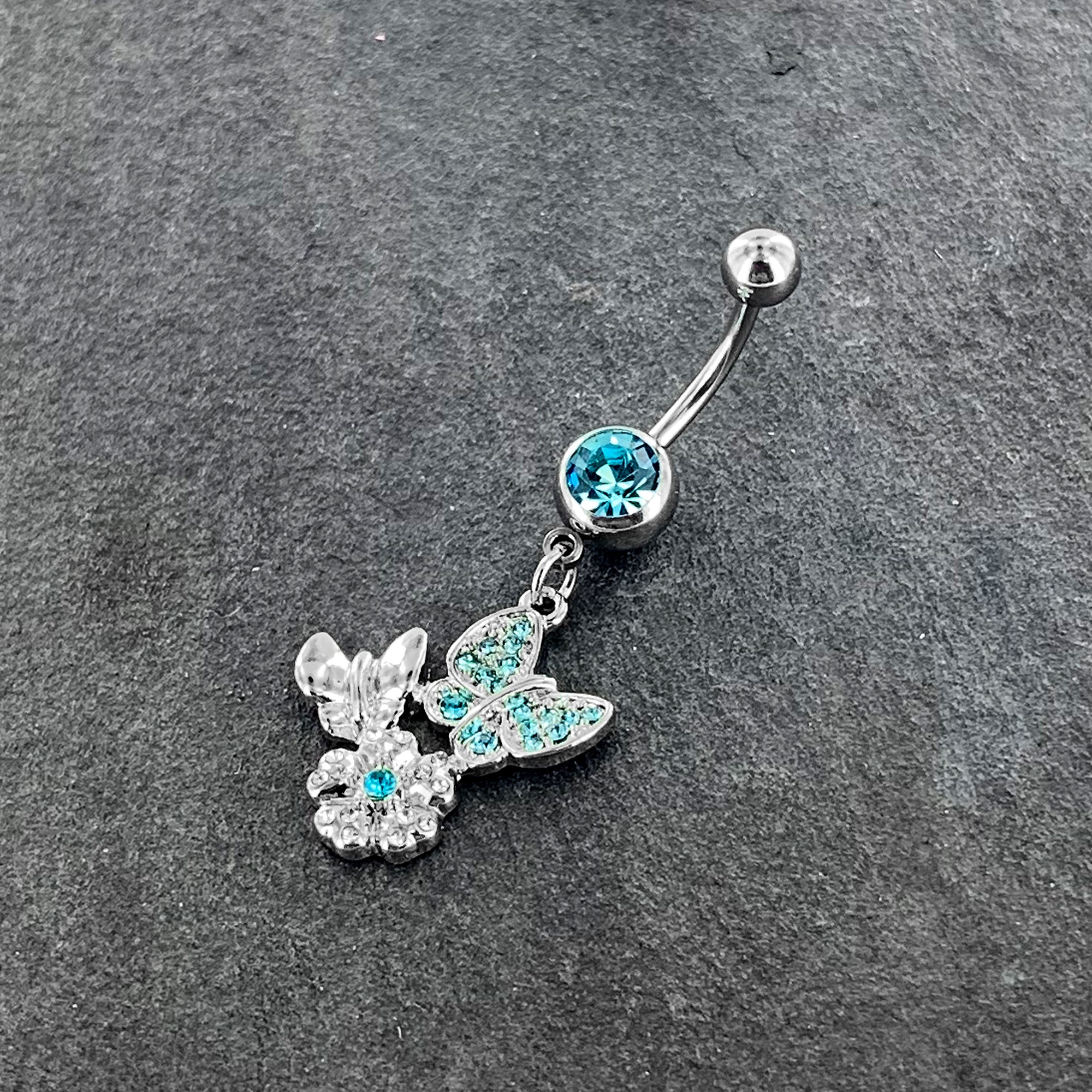 Blue Gem Butterflies Tiny Flower Dangle Belly Ring