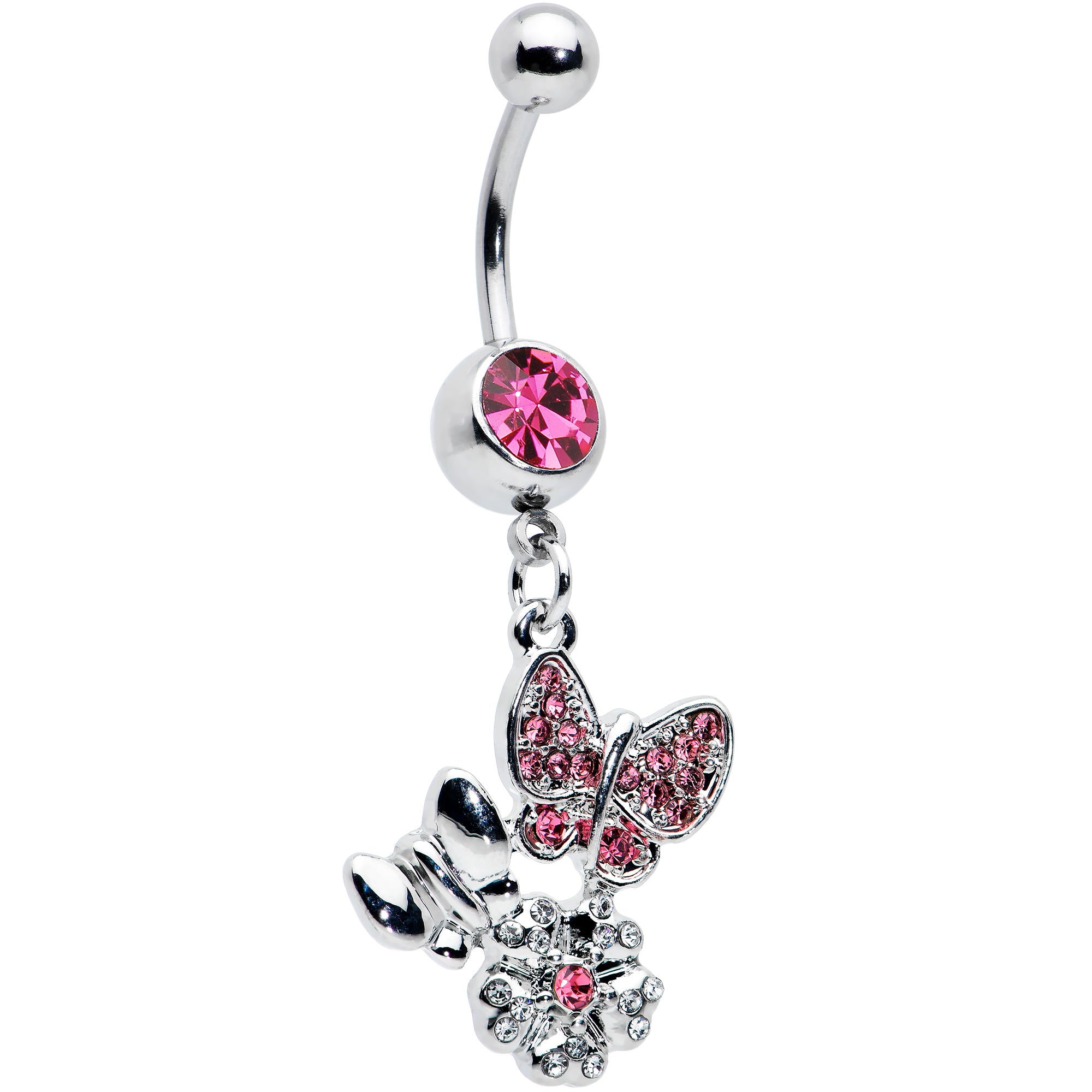 Pink Gem Butterflies Tiny Flower Dangle Belly Ring