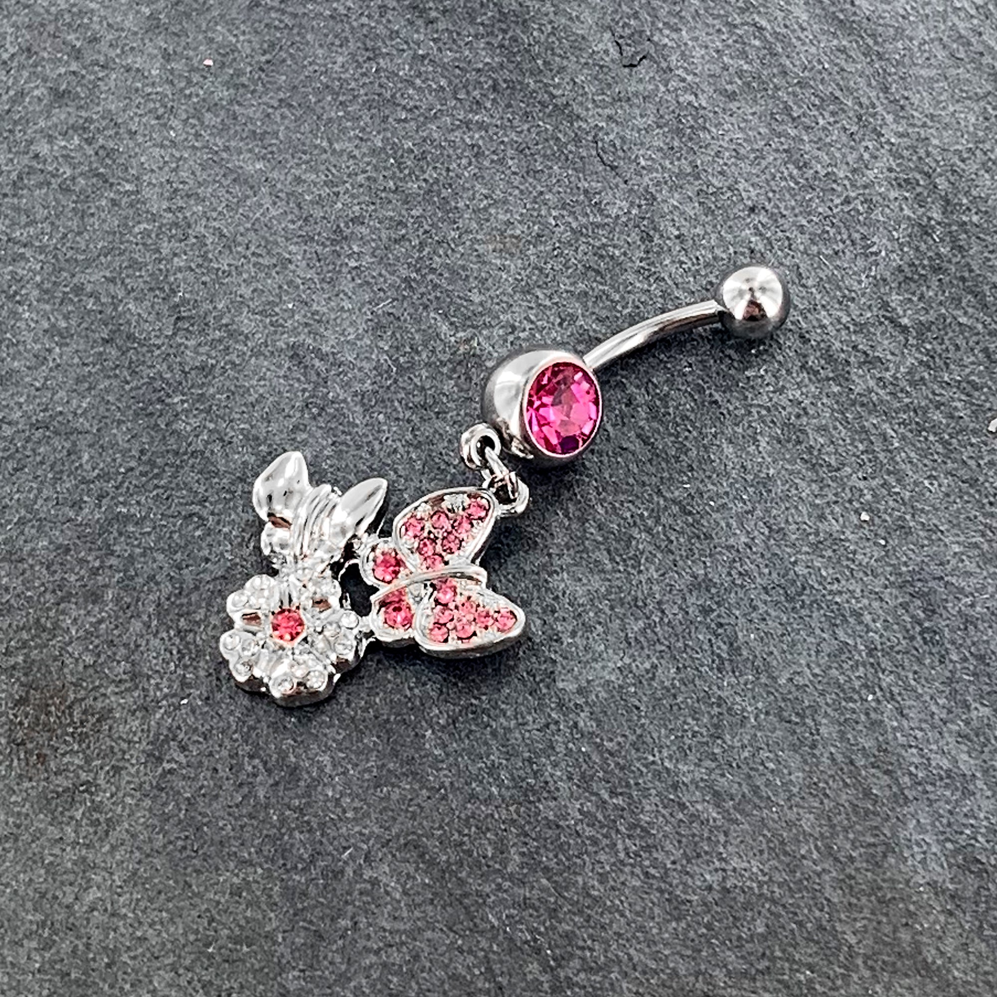 Pink Gem Butterflies Tiny Flower Dangle Belly Ring