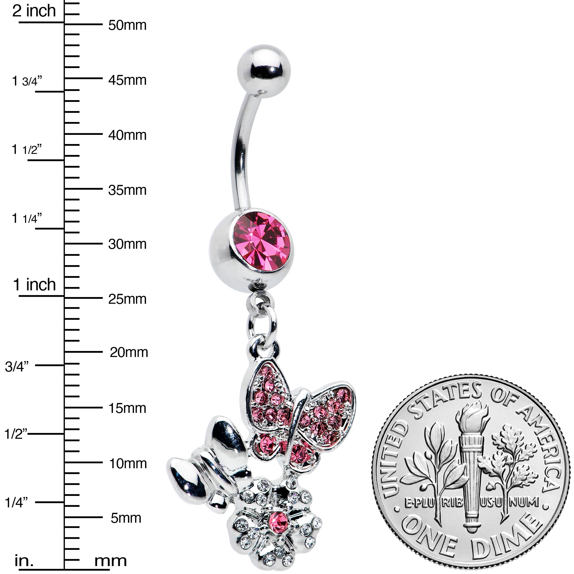 Pink Gem Butterflies Tiny Flower Dangle Belly Ring